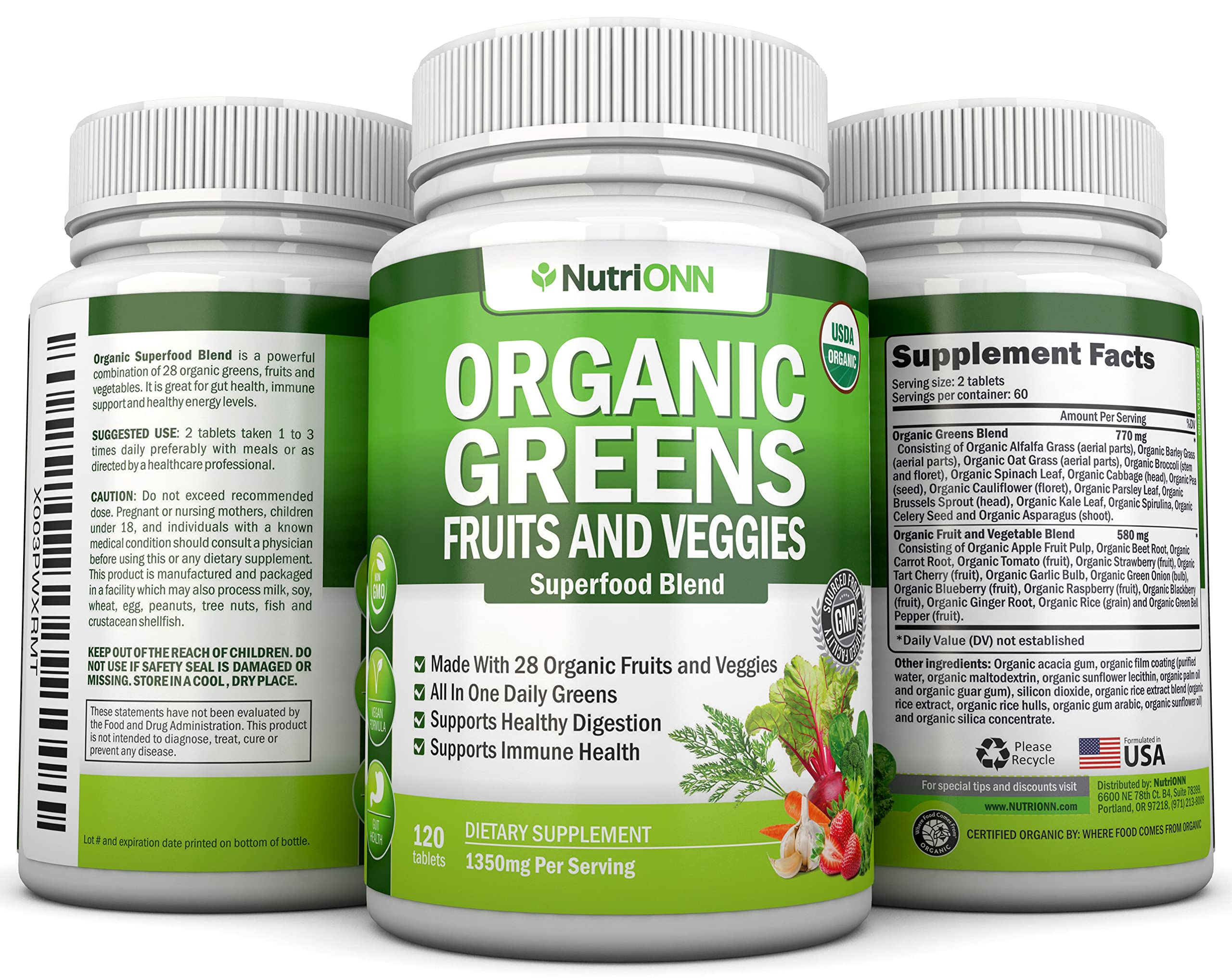 Organic Super Greens Capsules - Fruit And Vegetable Supplements - 120 Count - 28 USDA Organic & Vegan Premium Ingredients - Superfood Blend For Immune Health, Digestion & Energy - Whole Food Vitamins NutriONN buy supplements canada