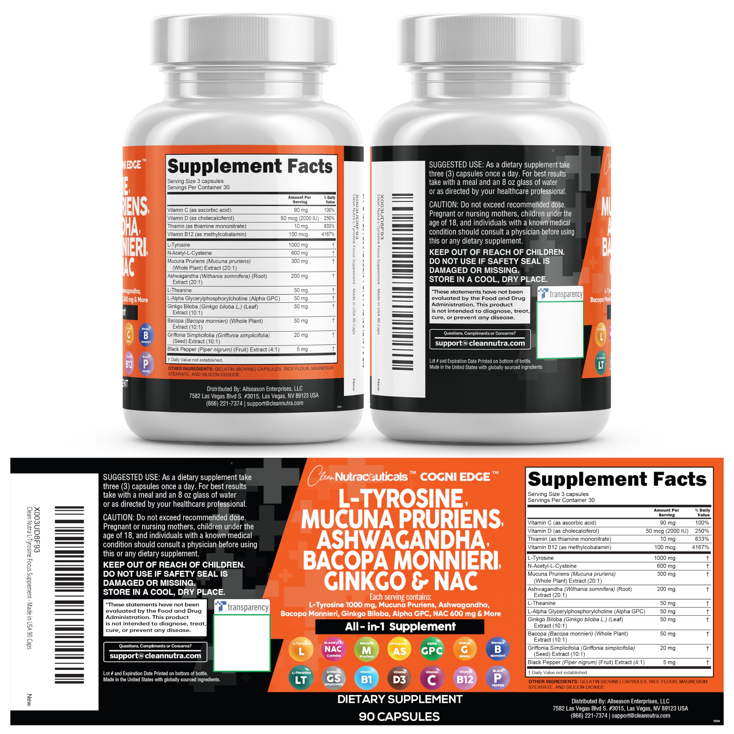 Clean Nutraceuticals L Tyrosine Mucuna Pruriens Bacopa Monnieri Ashwagandha Focus Supplement w/N-Acetyl Cysteine NAC 5-HTP Ginkgo Biloba Alpha GPC Vitamin C D B1 B12 Clean Nutraceuticals buy supplements canada