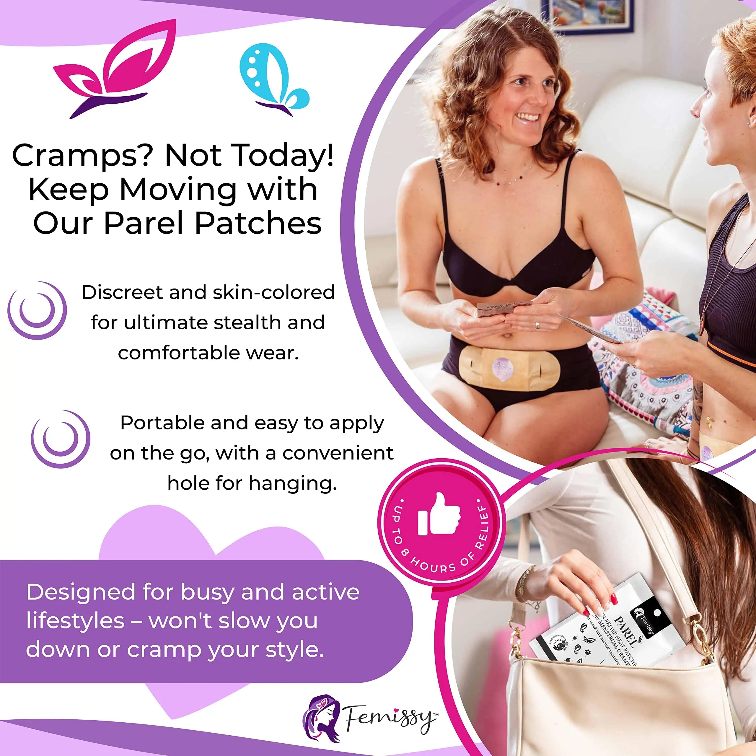 Heat Patches for Menstrual Cramps Based on Flow Strength, 10 Period Patches for Weak & Normal Flow & 1 Single Patch with Natural Herbs & Oils; Disposable Stick On Heating Pads Cramp-Free Period Femissy buy supplements canada