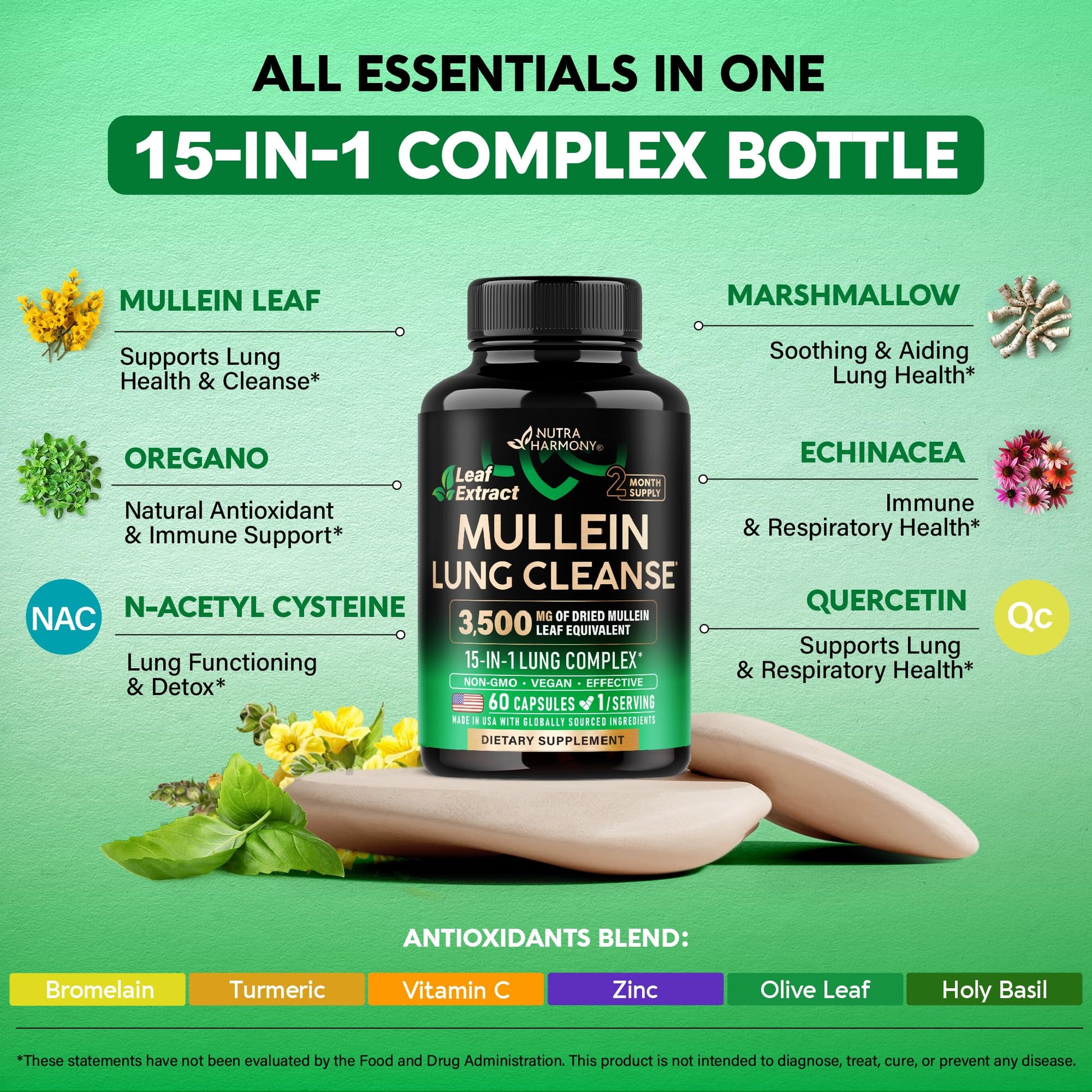 Mullein Lung Detox - Mullein Leaf Extract - Marshmallow Root | Echinacea | Oregano | Quercetin | NAC - 15-in-1 Lung Support & Cleanse for Smokers Supplement NUTRAHARMONY buy supplements canada