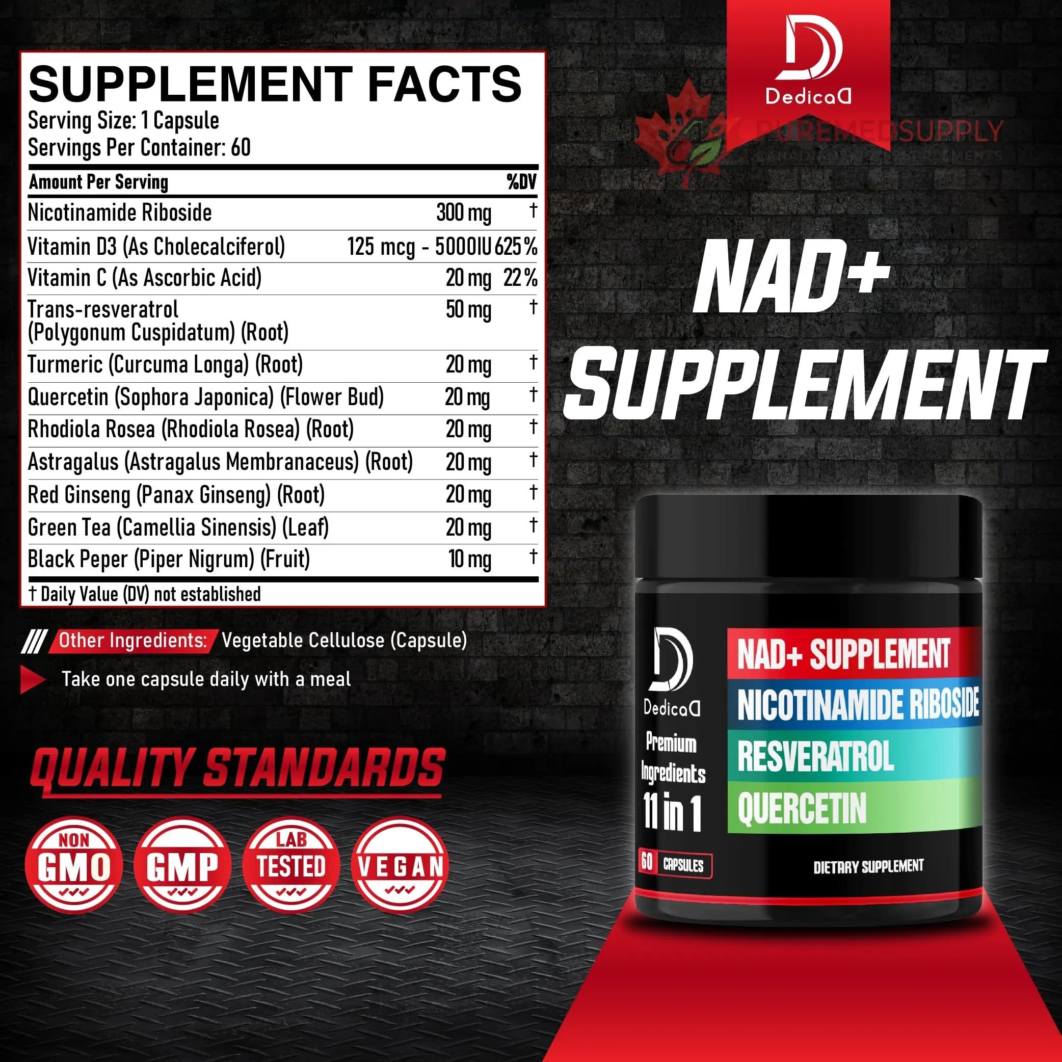 DEDICAD 11in1 NAD Supplement with Nicotinamide Riboside, Quercetin, Resveratrol and 8 More - 2 Month Supply DEDICAD buy supplements canada