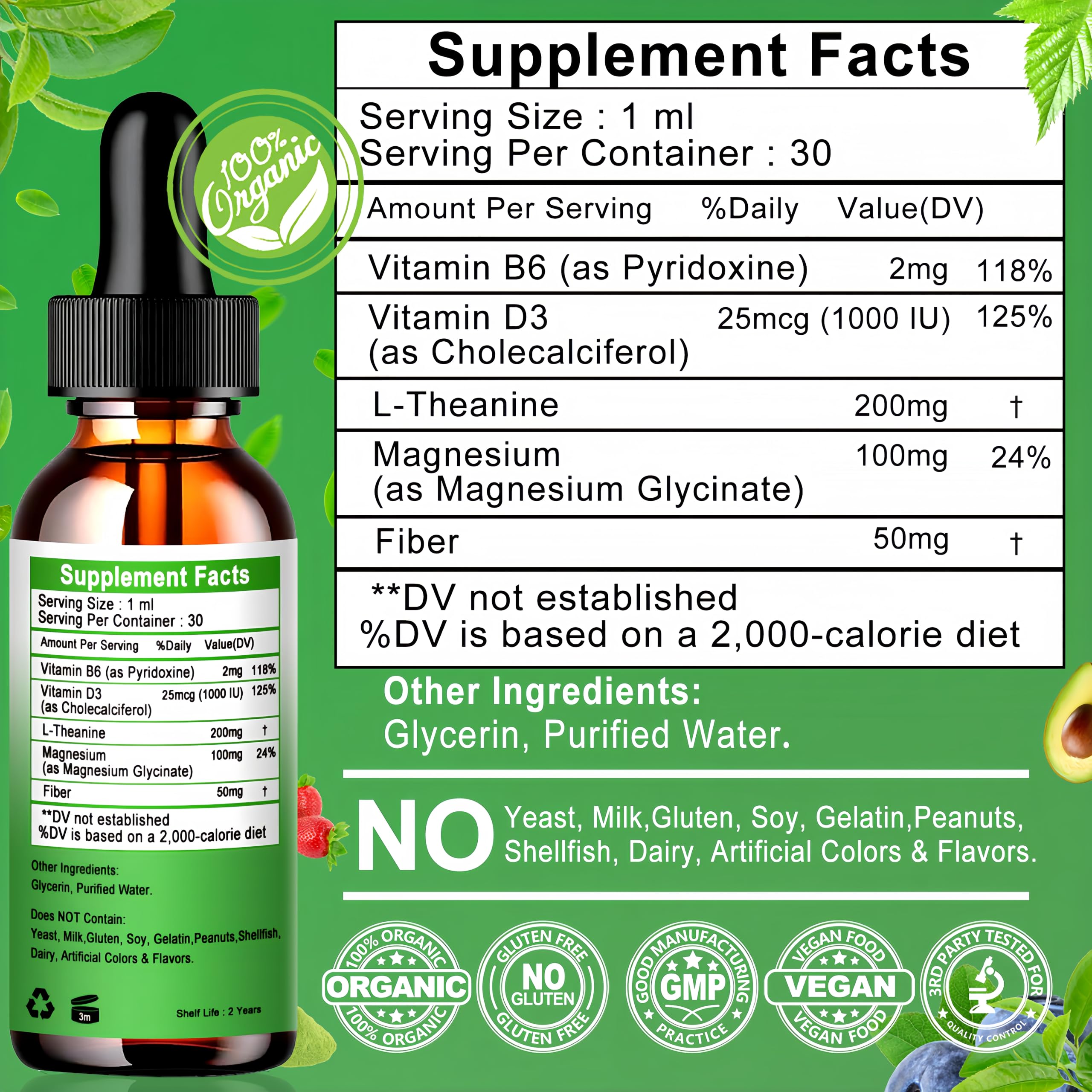 L Theanine Drops, Liquid L-Theanine Supplement 200mg w/Magnesium Glycinate,Vitamins,Fiber for Relaxation,Sleep,Digestion, Calm,High Absorption Mood Support for Adults & Kids,Plant Based,Non-GMO Vita letuo buy supplements canada