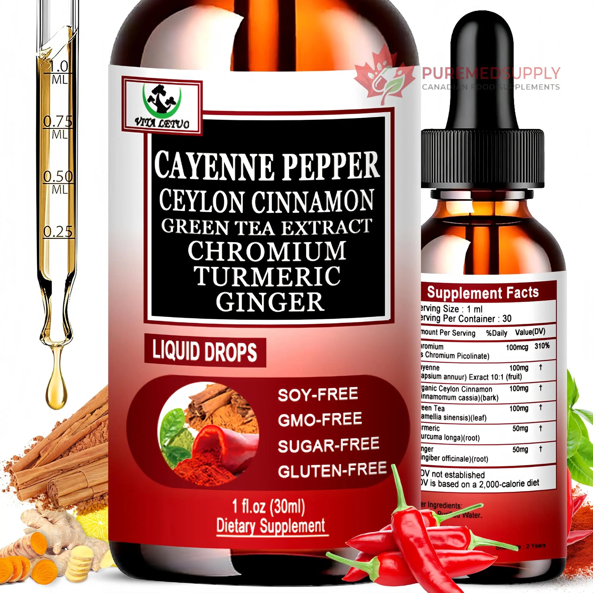 Cayenne Pepper Drops, High Absorption 6-in-1 Liquid Cayenne Pepper Supplement w/Ceylon Cinnamon, Green Tea Extract, Turmeric, Organic Liquid Drops Than Cayenne Capsules Powder Vita letuo buy supplements canada