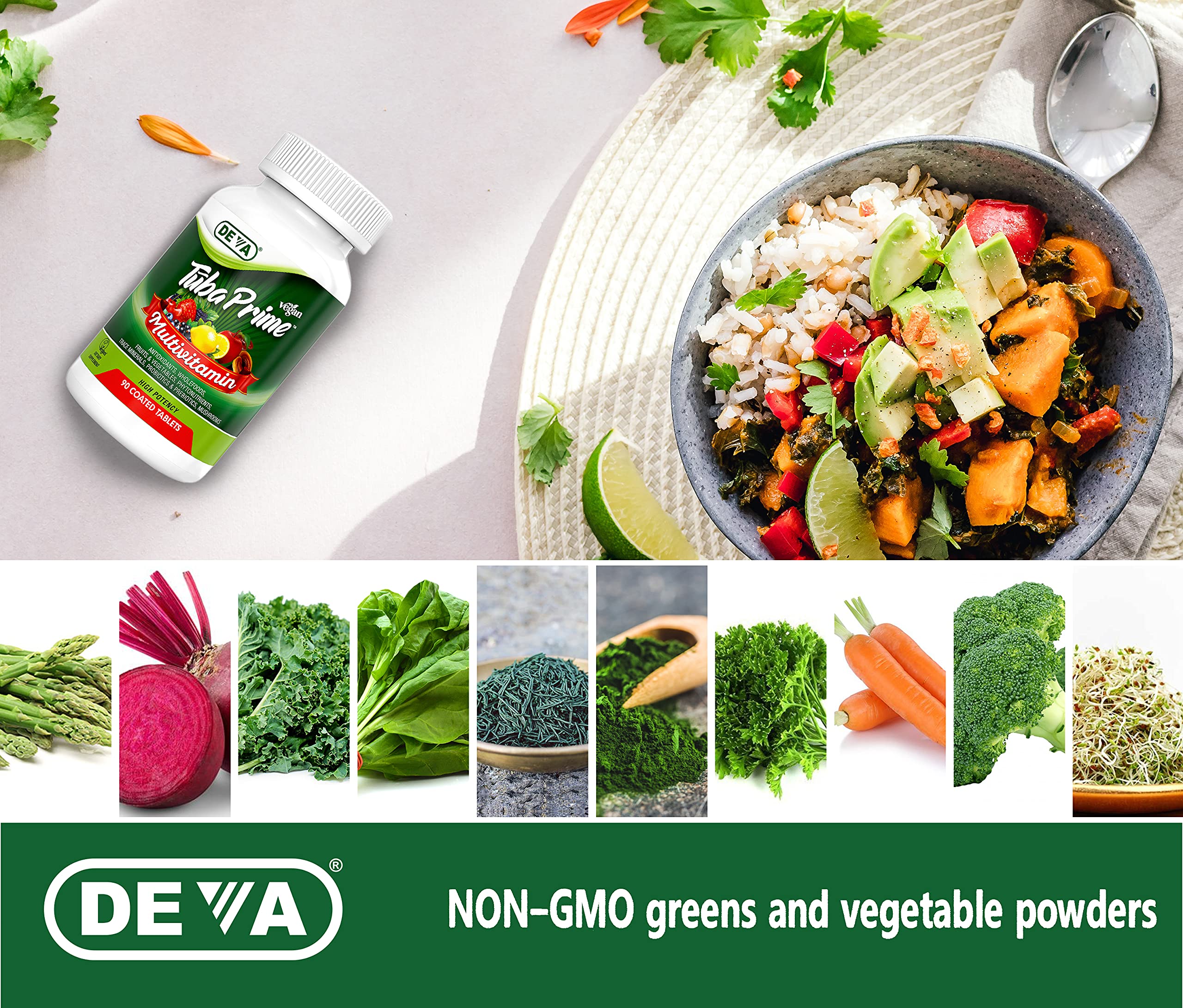 DEVA Tuba Prime Vegan Multivitamin - High-Potency Vitamin and Mineral Dietary Supplement - Antioxidants, Fruit and Vegetable Blend, Super Mushrooms, Probiotics, Prebiotics, Seeds, Herbs - 90 Tablets DEVA buy supplements canada