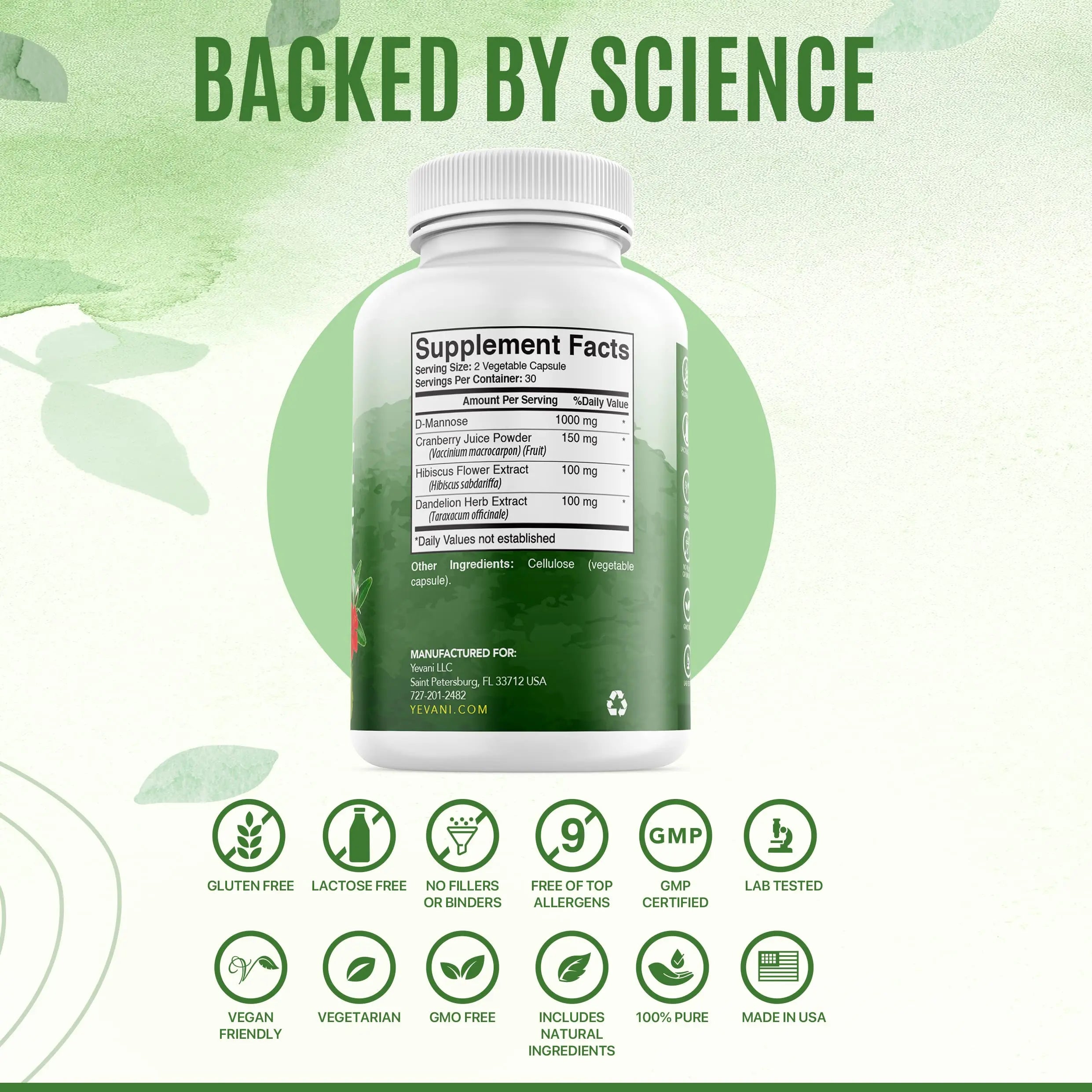 YEVANI 100% Pure D-Mannose Capsules 1000 mg with Cranberry, Hibiscus, and Dandelion Extract, Fast Acting Professional UTI Prevention Formula for Urinary Tract Health and Bladder Support YEVANI buy supplements canada