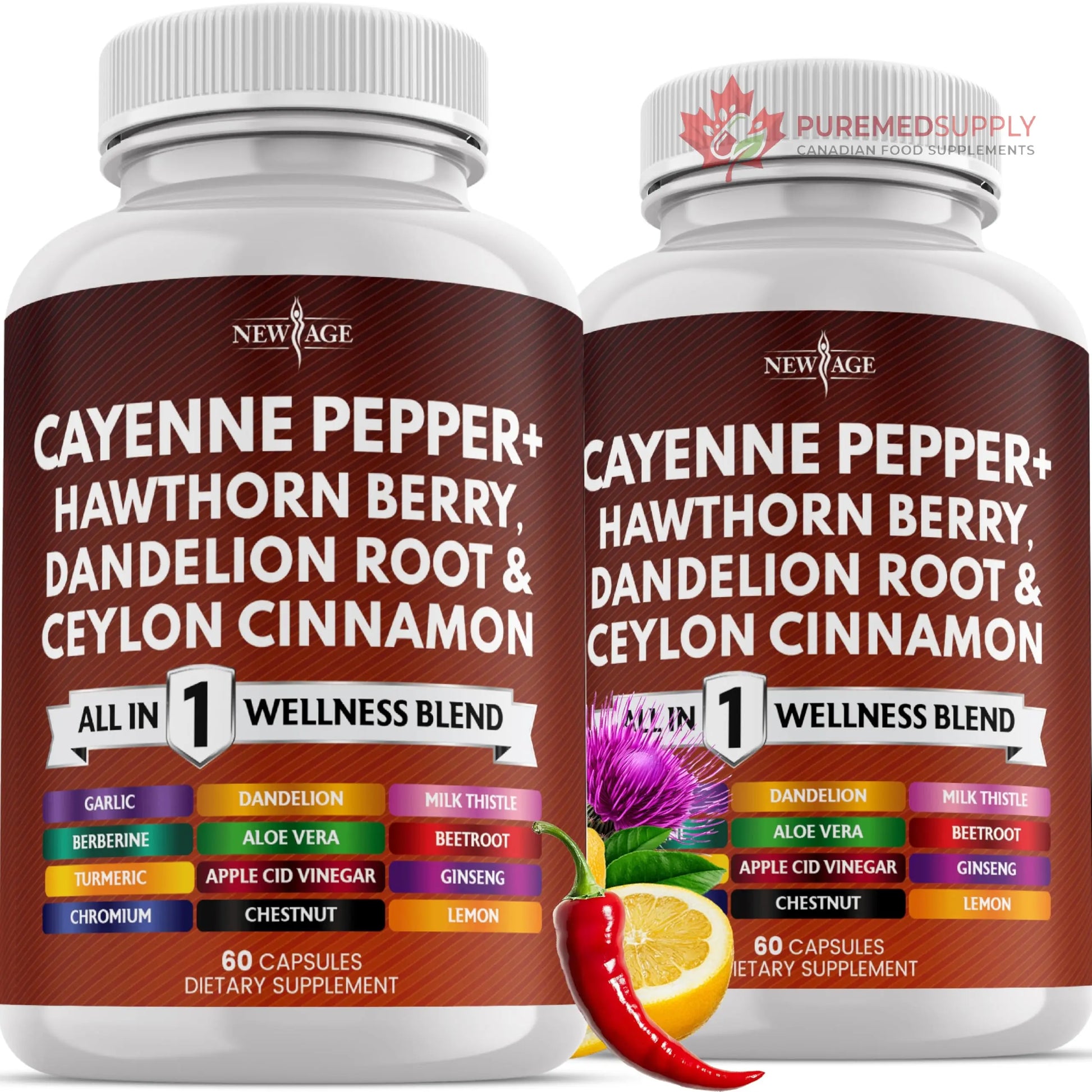 NEW AGE Cayenne Pepper Capsules Supplement with Hawthorn Berry, Dandelion Root, Ceylon Cinnamon, Garlic, Ginger, ACV, Milk Thistle, Beet Root, Aloe Vera - 120 Count NEW AGE buy supplements canada