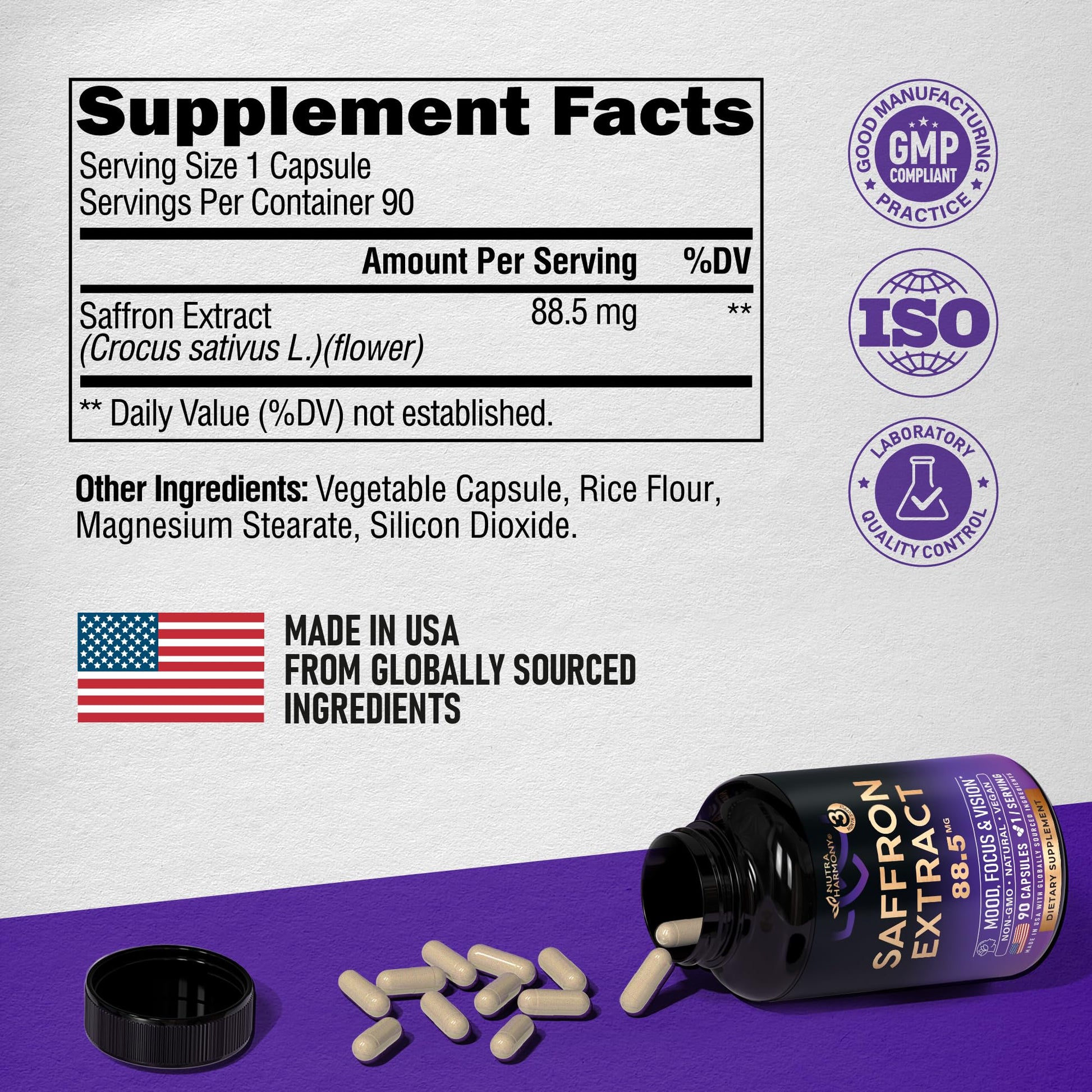Natural Saffron Supplements - Pure Saffron Extract 88.5 mg - Made in USA - Mood | Focus | Vision | Energy Support - Eye Health for Women & Men - NonGMO Vegan Pills - 90 Powder Capsules, 3 Month Supply NUTRAHARMONY buy supplements canada