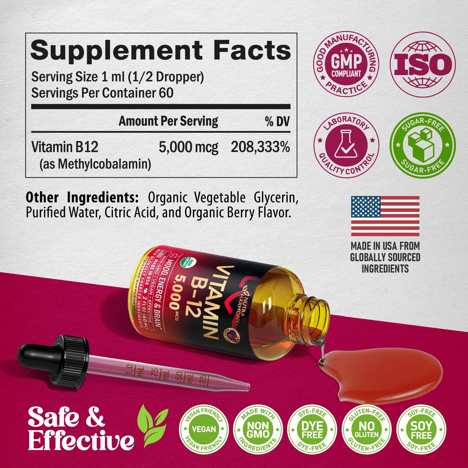 USDA Organic Vitamin B12 Sublingual Drops - 5000 mcg Liquid Vegan Methylcobalamin for Women & Men - Energy Boost, Focus & Mood, Brain Health Support NUTRAHARMONY buy supplements canada