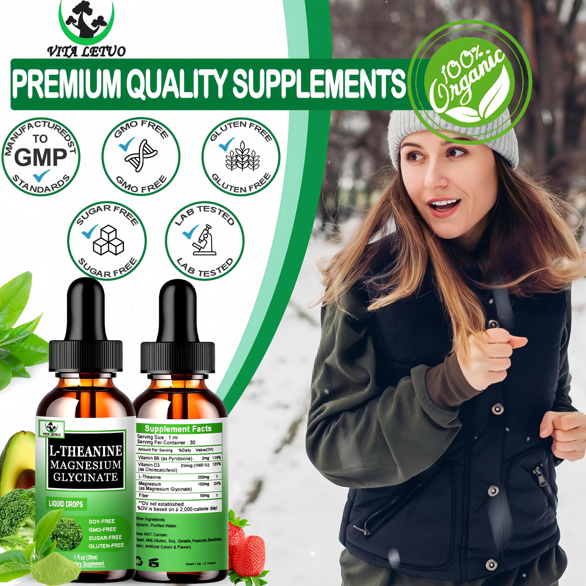L Theanine Drops, Liquid L-Theanine Supplement 200mg w/Magnesium Glycinate,Vitamins,Fiber for Relaxation,Sleep,Digestion, Calm,High Absorption Mood Support for Adults & Kids,Plant Based,Non-GMO Vita letuo buy supplements canada