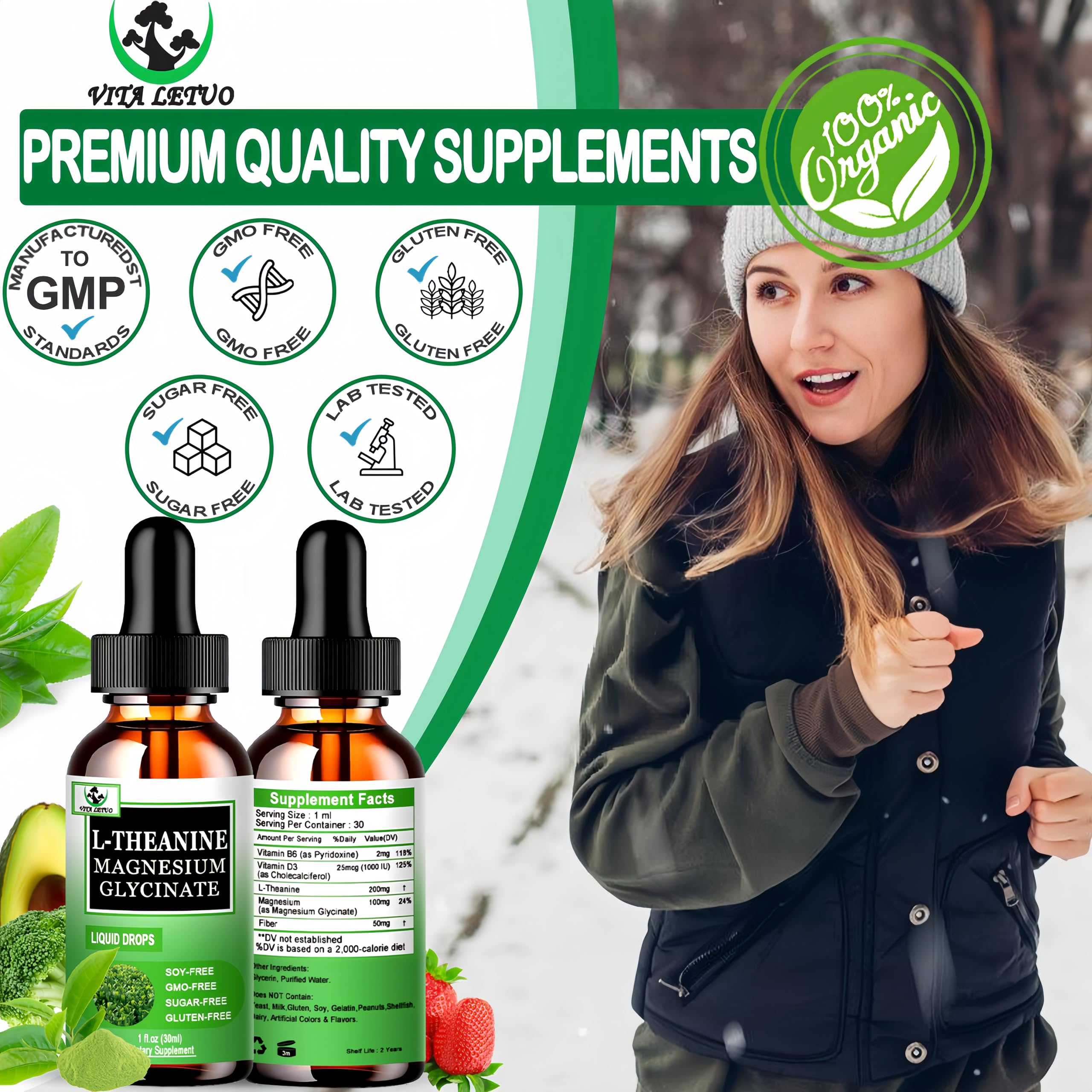 L Theanine Drops, Liquid L-Theanine Supplement 200mg w/Magnesium Glycinate,Vitamins,Fiber for Relaxation,Sleep,Digestion, Calm,High Absorption Mood Support for Adults & Kids,Plant Based,Non-GMO Vita letuo buy supplements canada