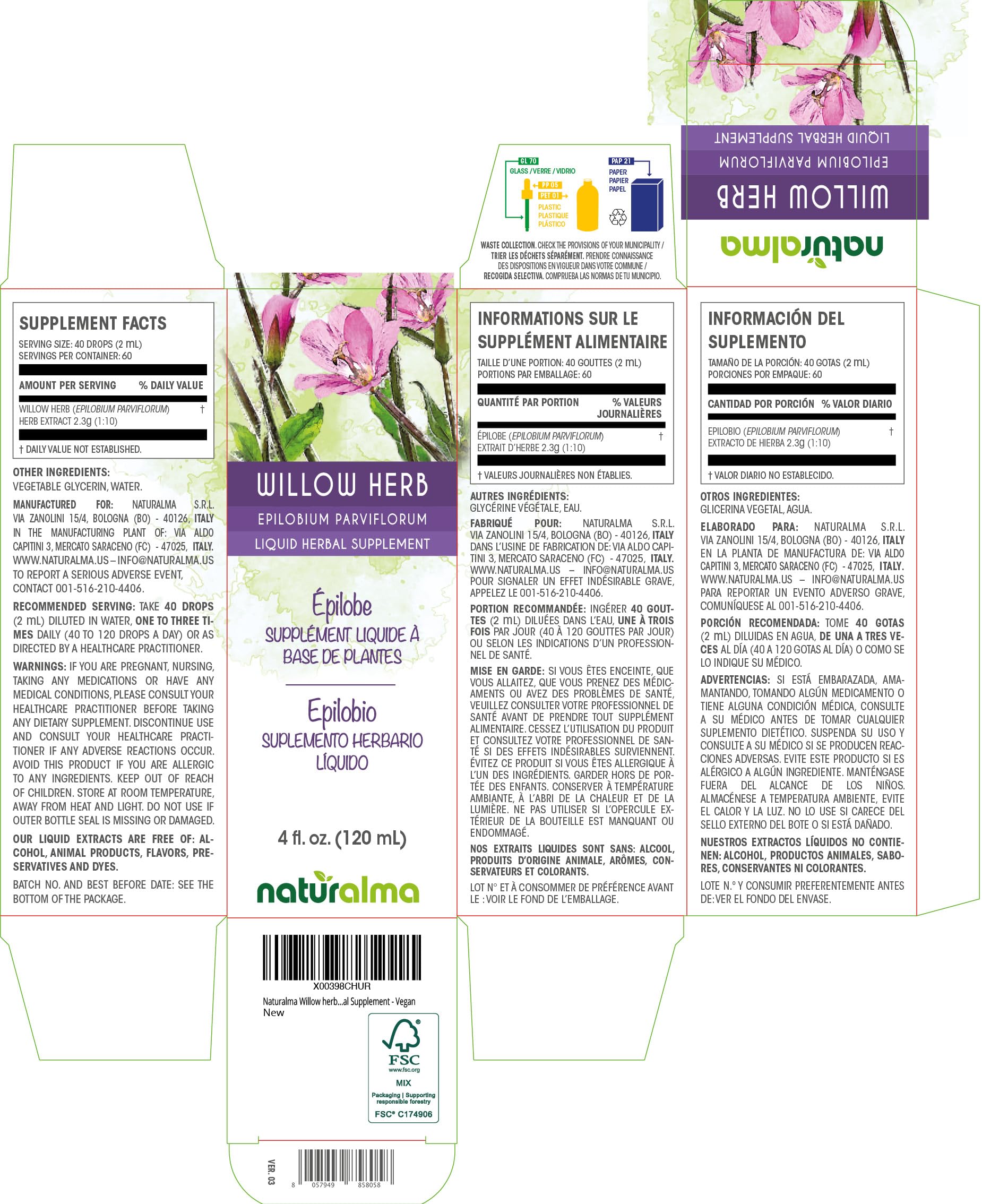 Naturalma Willow herb or Fireweed (Epilobium parviflorum) herb Alcohol-Free Tincture - 4 fl oz Liquid Extract in Drops - Herbal Supplement - Vegan Naturalma buy supplements canada