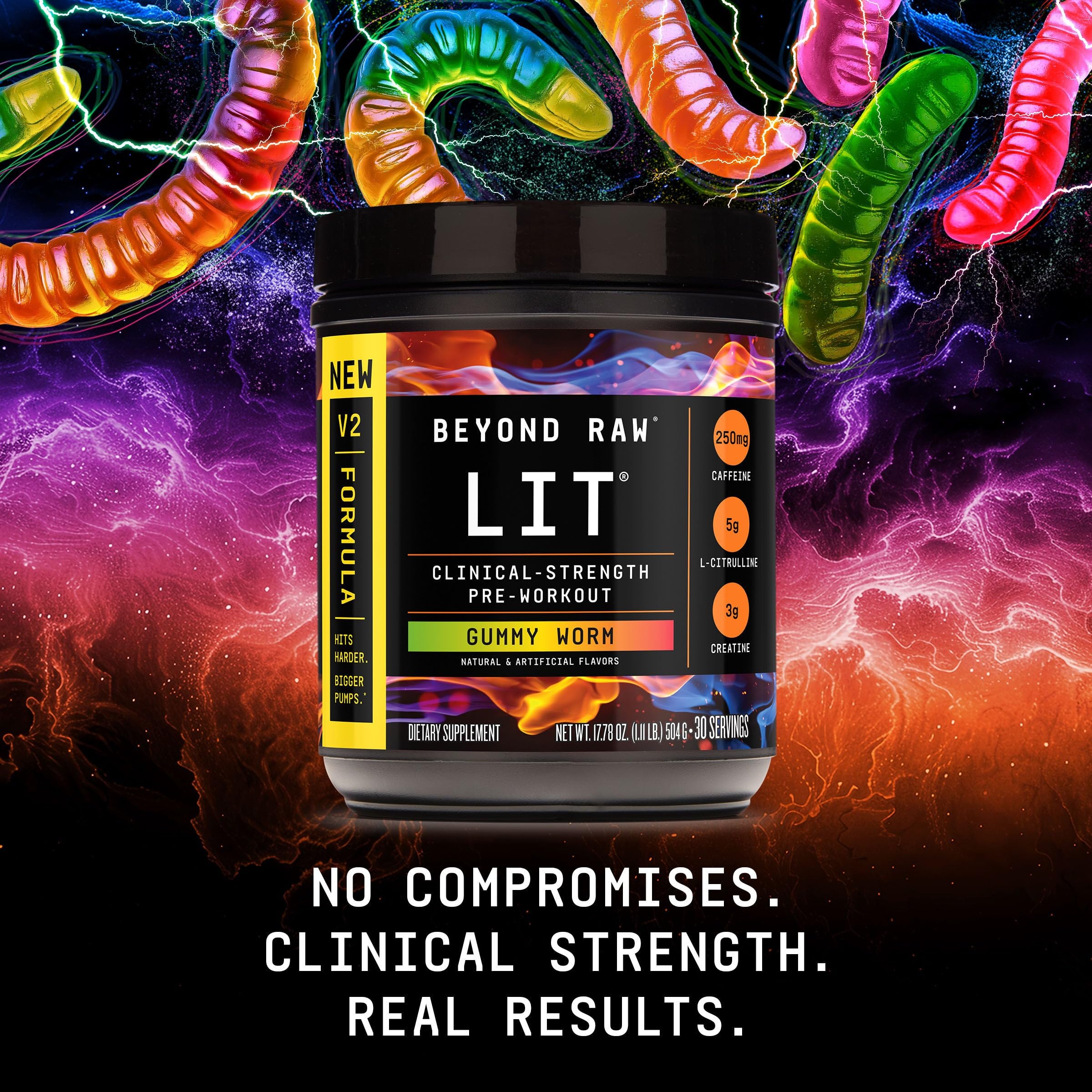 BEYOND RAW LIT V2 Clinical Strength Pre Workout Powder, Hits Harder, Bigger Pumps, Caffeine, L-Citrulline, Creatine, Gummy Worm, 30 Servings BEYOND RAW buy supplements canada