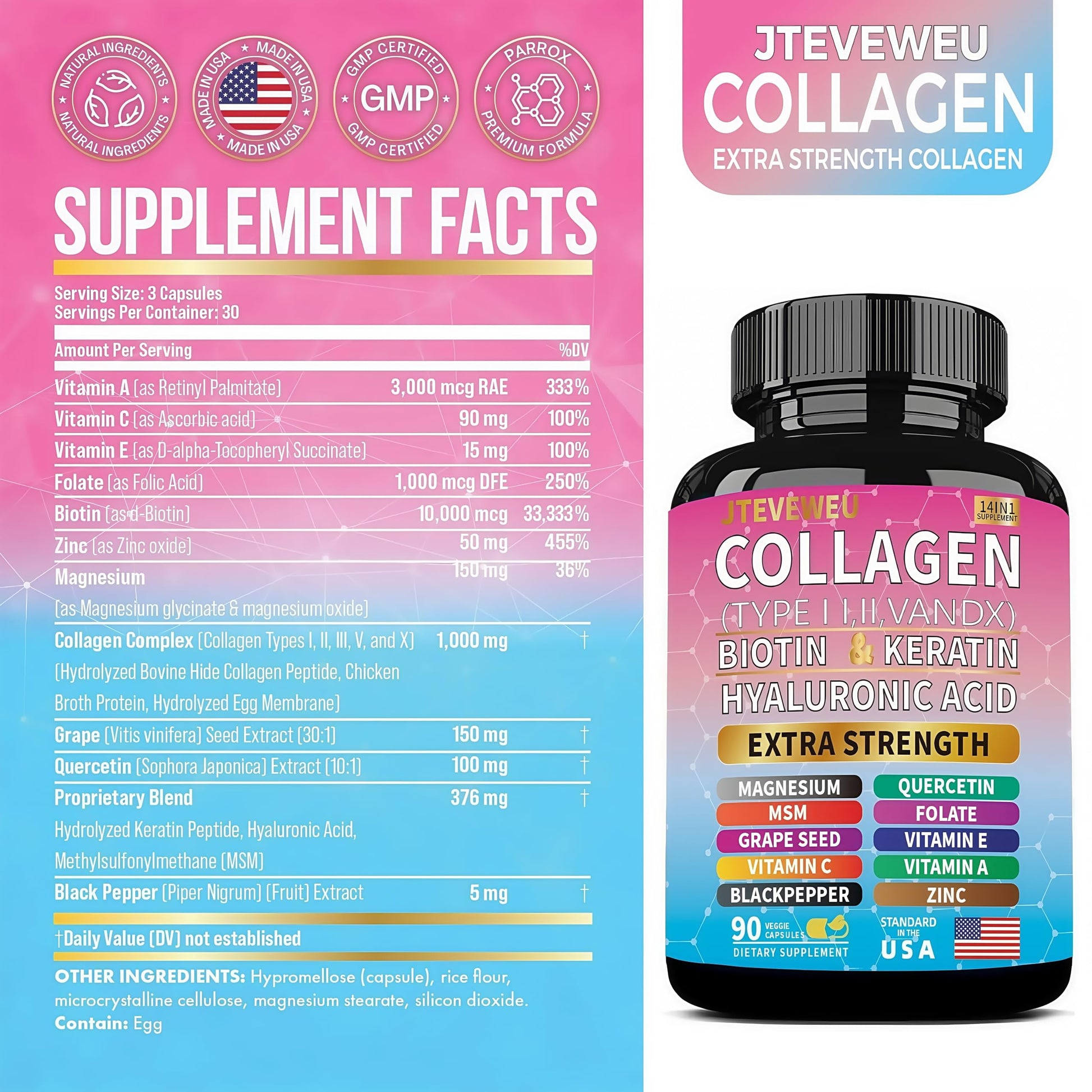 JTEVEweu Collagen Supplement - Type I, II, III, V and X - with Biotin, Keratin, Hyaluronic Acid & 13+ Extra Strength Ingredients - （90 Capsules） JTEVEweu buy supplements canada