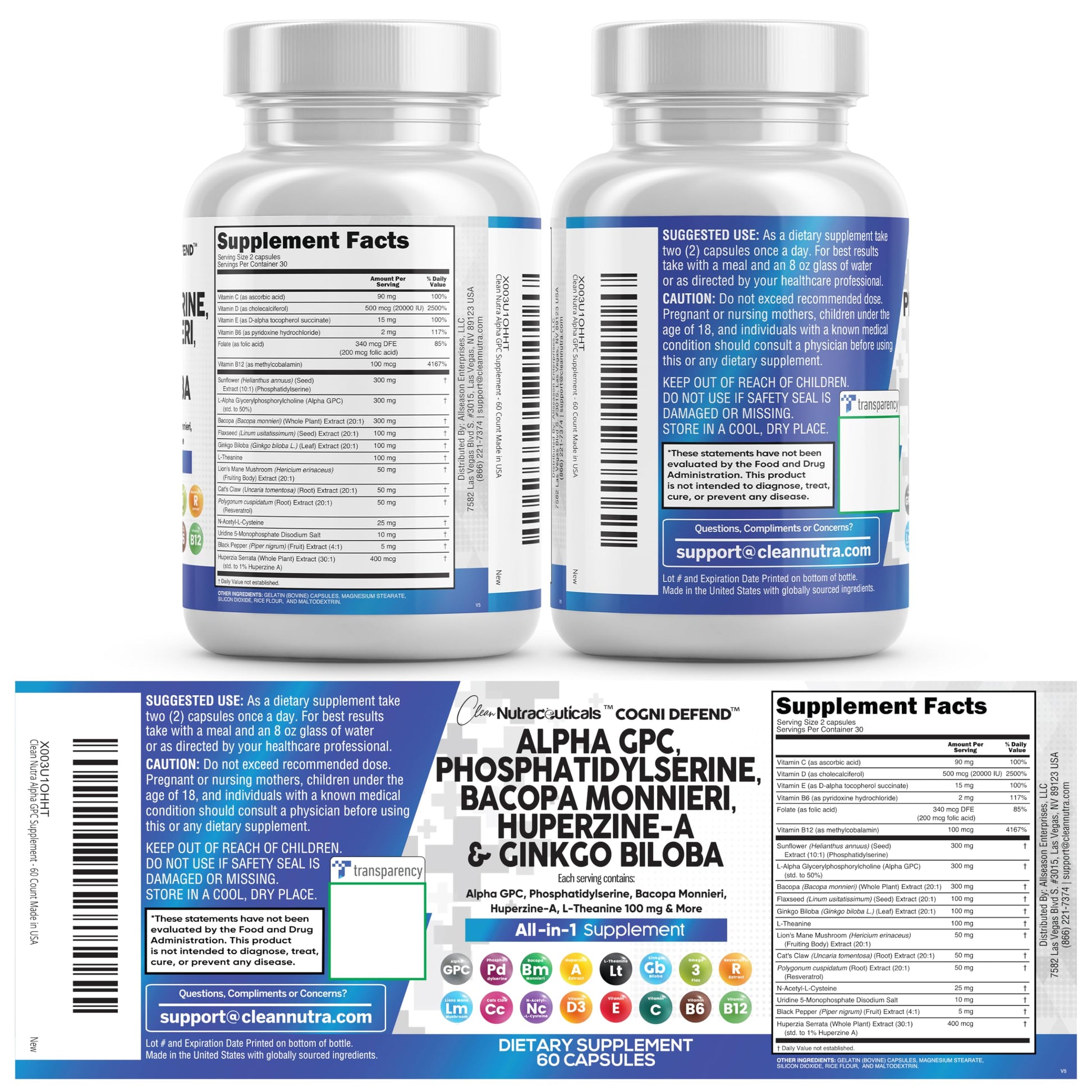 Brain Supplement Alpha GPC 300mg Phosphatidylserine Bacopa Monnieri Ginkgo Biloba Lions Mane Huperzine A L-Theanine NAC Nootropic Memory Focus Cognitive Support Vitamins B C D E 60 Capsules USA Clean Nutraceuticals buy supplements canada