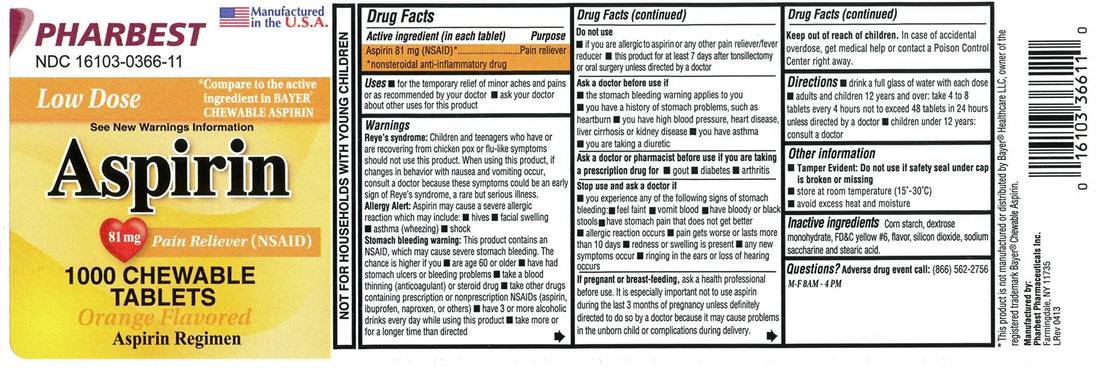 Pharbest Aspirin 81mg Chewable Orange Tablets 1000 Count Per Bottle PHARBEST buy supplements canada