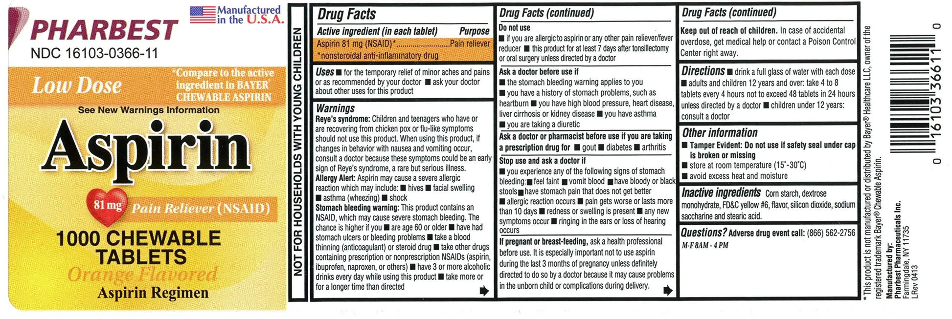 Pharbest Aspirin 81mg Chewable Orange Tablets 1000 Count Per Bottle PHARBEST buy supplements canada