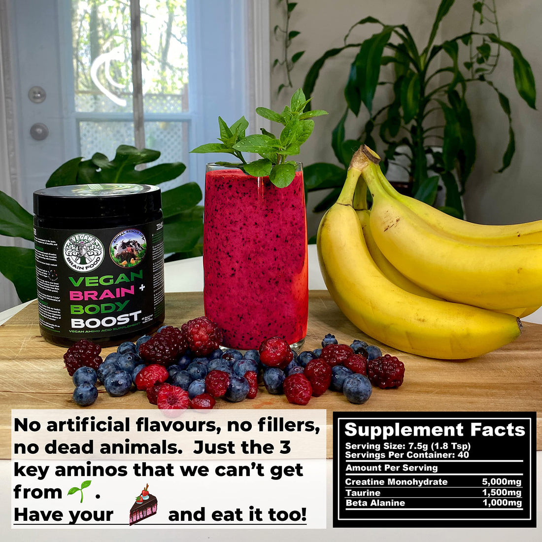 Vegan Brain & Body Boost: The Cherry On Top of A Plant-Based Lifestyle | Working Intelligence | Anti-Aging | Physical Fitness | Vegan Amino Acids - Creatine, Taurine & Beta Alanine | 40 Servings/300g Vegan Brain Food buy supplements canada
