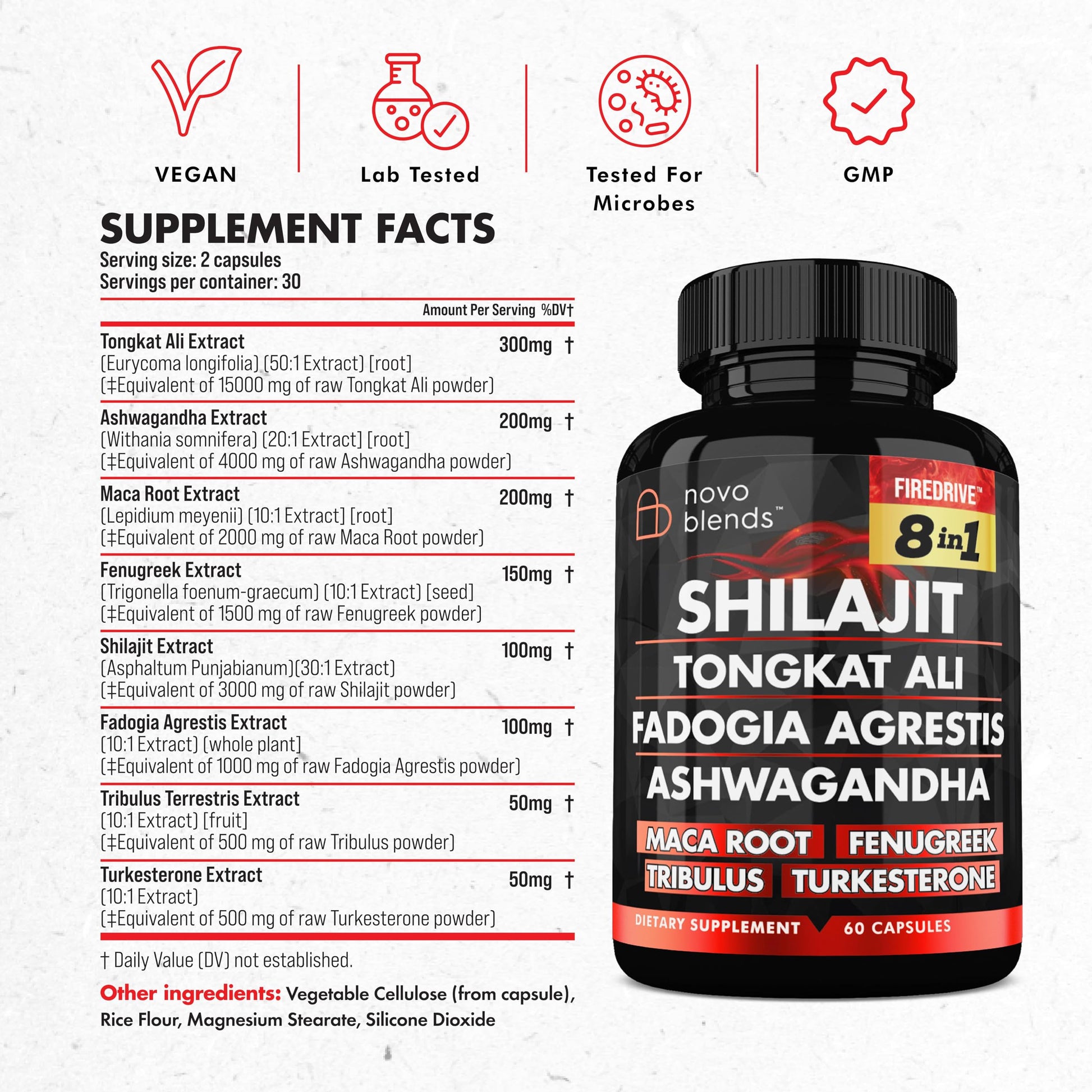 Shilajit 3000mg Tongkat Ali 15,000mg Fadogia Agrestis 1000mg Maca Root 2000mg Ashwagandha 4000mg Fenugreek 1500mg Tribulus Terrestris 500mg Turkesterone 500mg, 8-in-1 Supplement Blend for Men Novo Blends buy supplements canada