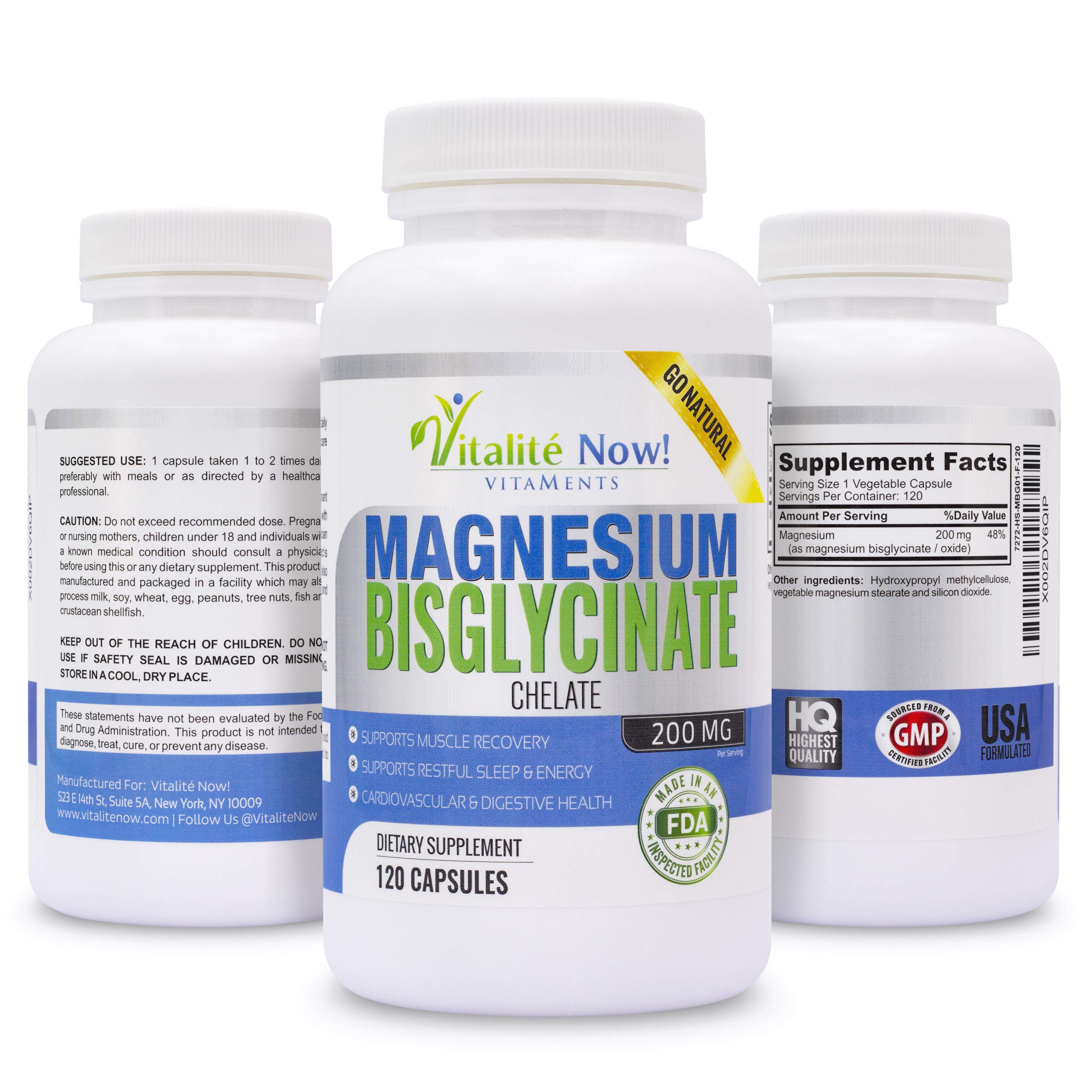 Vitalité Now! Magnesium Bisglycinate 200mg - 100% Chelated Capsules for Superior Absorption - Gentle Formula, No Laxative Effect - Sleep Energy Cramps Muscle Support - Fully Reacted & Buffered Vitalité Now! buy supplements canada