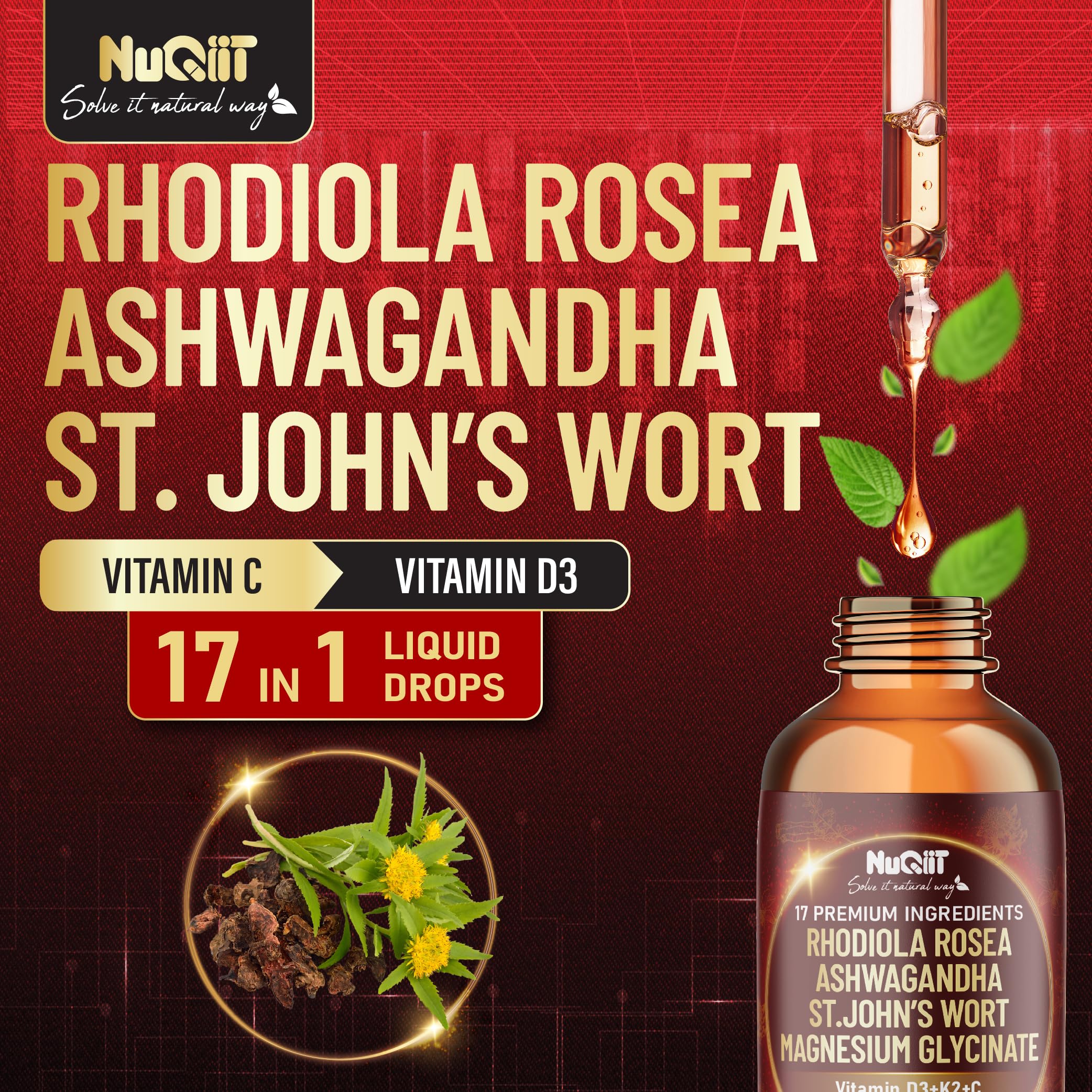 NUQIIT 17in1 Rhodiola Rosea Liquid Drops Tincture w/Ashwagandha Magnesium, L-Theanine. Ultra Rhodiola Cortisol Supplement, Rhodiola Root for Mood, Energy - 1 FL Oz - 60 Day Supply NUQIIT buy supplements canada