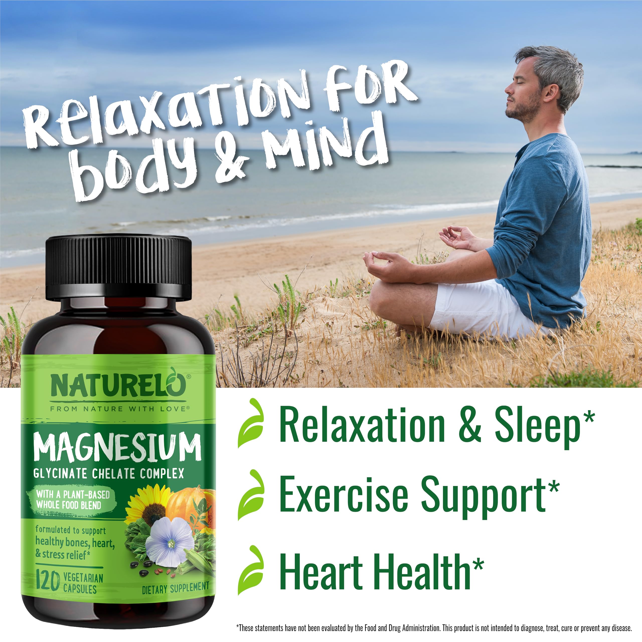 NATURELO Magnesium Glycinate Chelate Complex - 200 mg Magnesium with Organic Vegetables to Support Sleep, Calm, Muscle Cramp & Stress Relief - Gluten Free, Non GMO - 120 Capsules NATURELO buy supplements canada