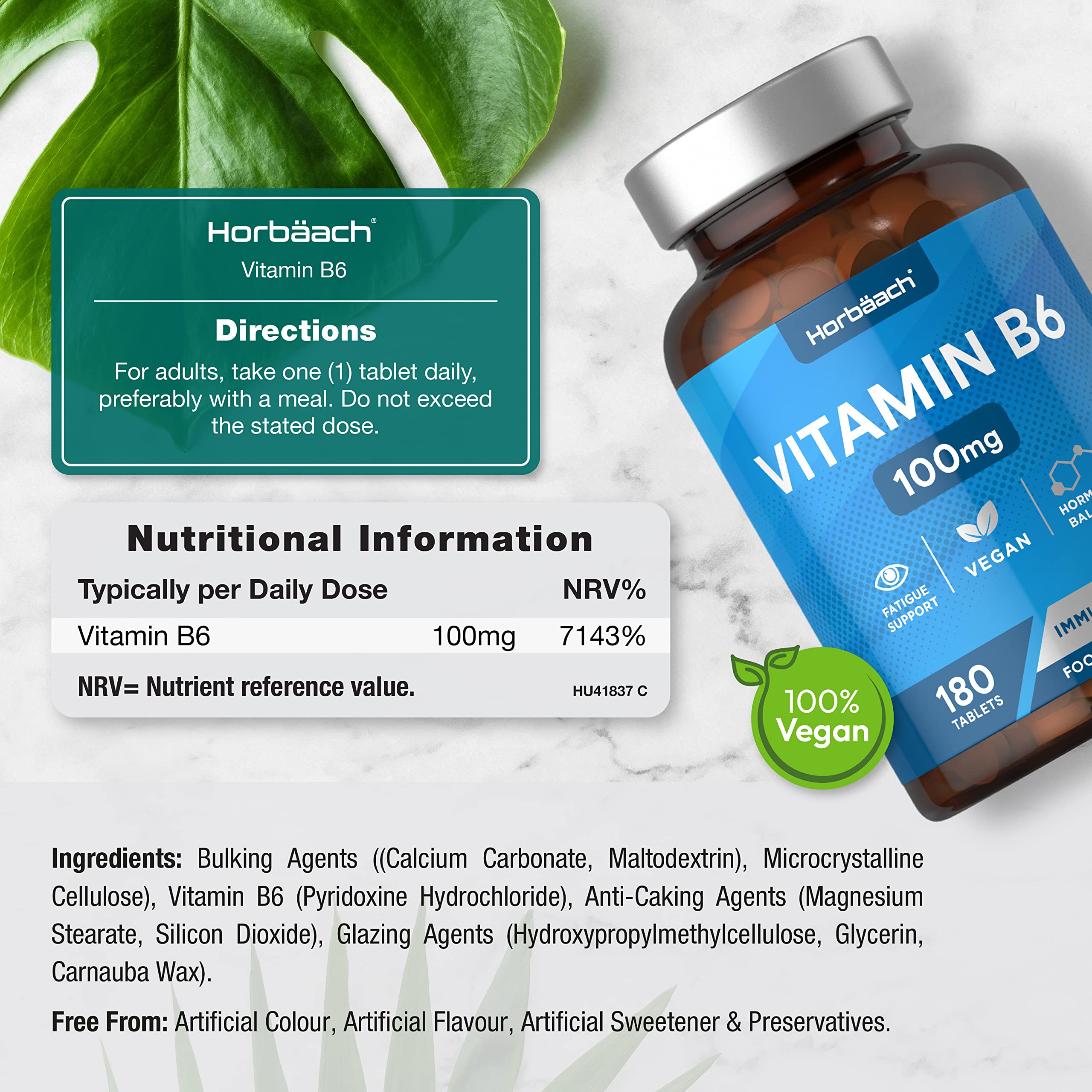 Vitamin B6 100mg | 180 High Strength Tablets | Regulation of Hormonal Activity & Fatigue Horbäach buy supplements canada