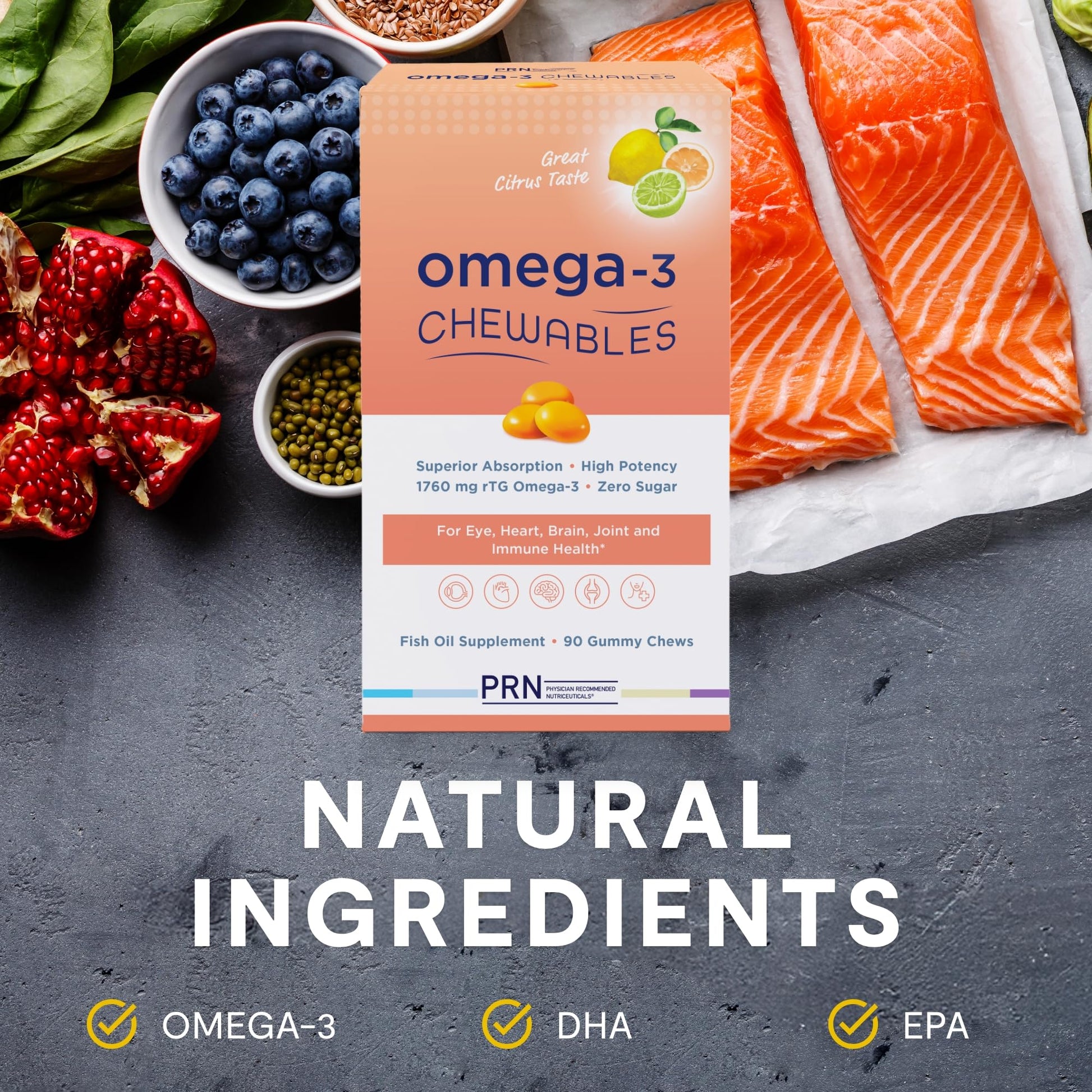 Omega 3 Gummy Chewables - 90 Gel Chews, 30-Day Supply, Citrus Flavor - 1760mg Ultra-Pure rTG Omega 3 for Eye, Heart, Brain, Joint & Immune Health PRN Physician Recommended Nutriceuticals buy supplements canada