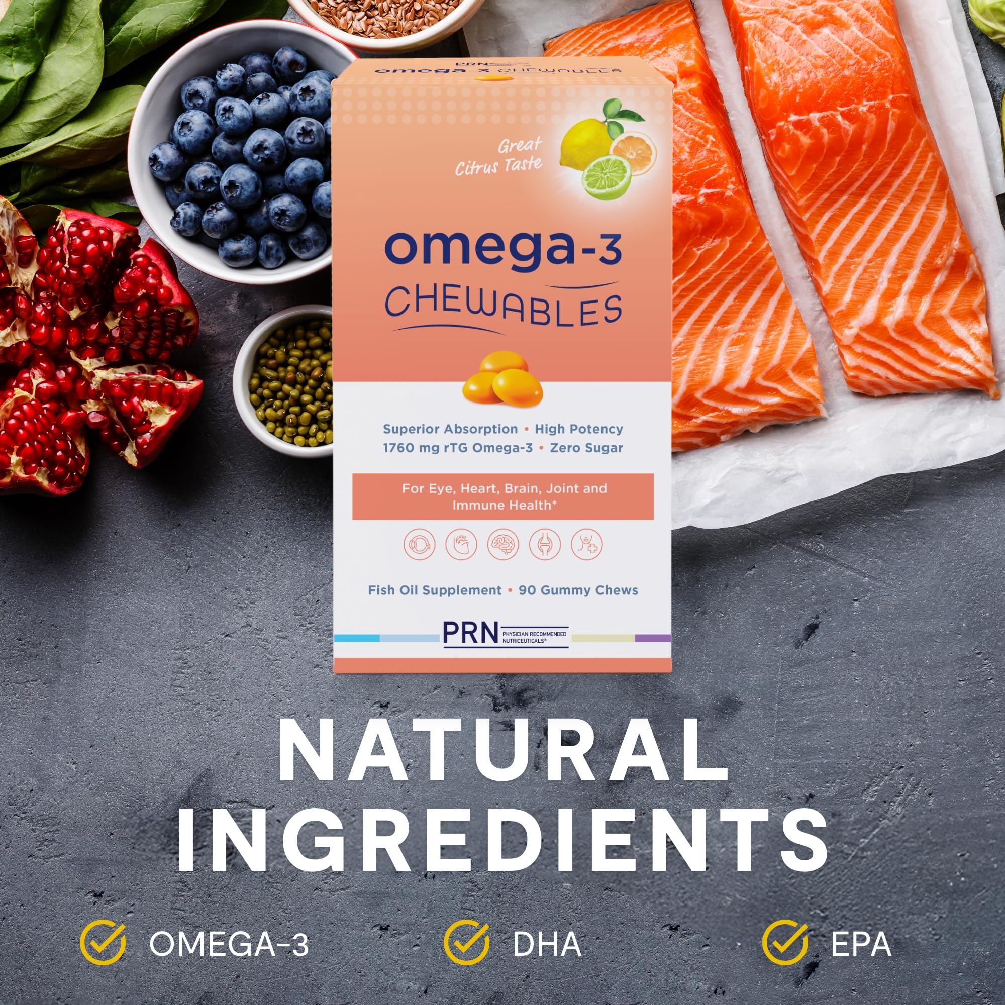 Omega 3 Gummy Chewables - 90 Gel Chews, 30-Day Supply, Citrus Flavor - 1760mg Ultra-Pure rTG Omega 3 for Eye, Heart, Brain, Joint & Immune Health PRN Physician Recommended Nutriceuticals buy supplements canada