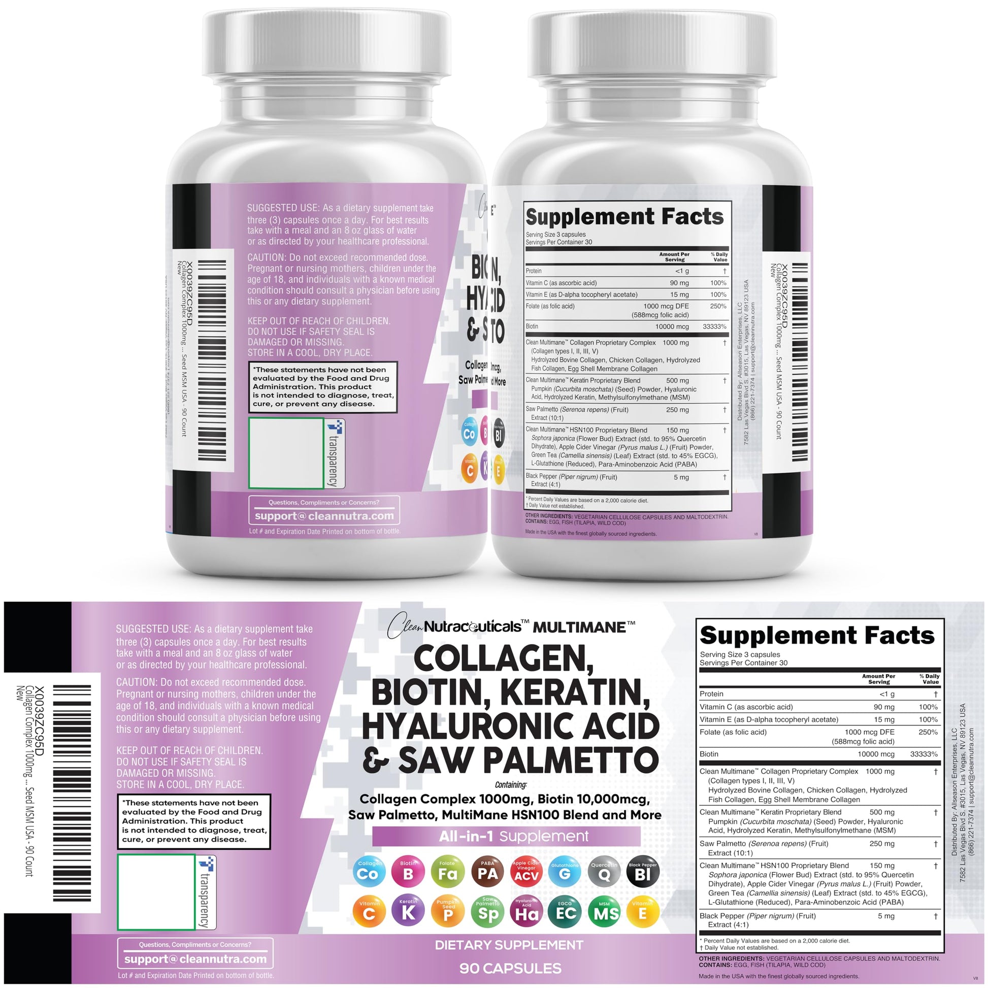Clean Nutraceuticals Collagen Pills 1000mg Biotin 10000mcg Keratin Saw Palmetto Hyaluronic Acid - Hair Skin & Nails Vitamins & DHT Blocker with Vitamin E Folic Acid Clean Nutraceuticals buy supplements canada