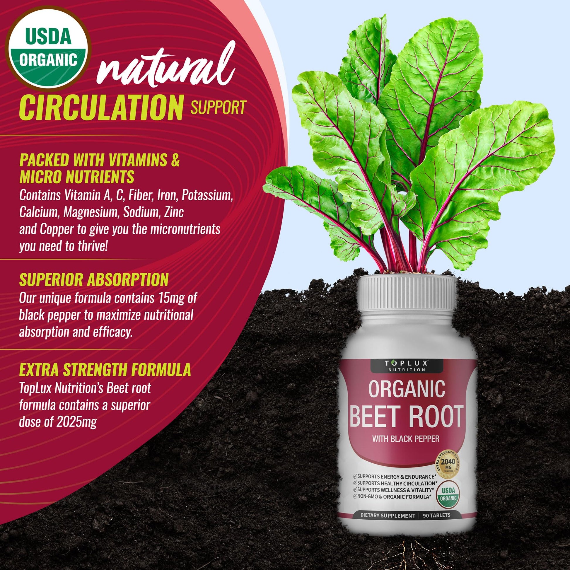 Toplux Organic Beet Root Powder Tablets - 2040mg Natural Nitric Oxide Beets to Support, Energy, Black Pepper Better Absorption, Non-GMO, for Men Women, 90 Tablets Toplux buy supplements canada