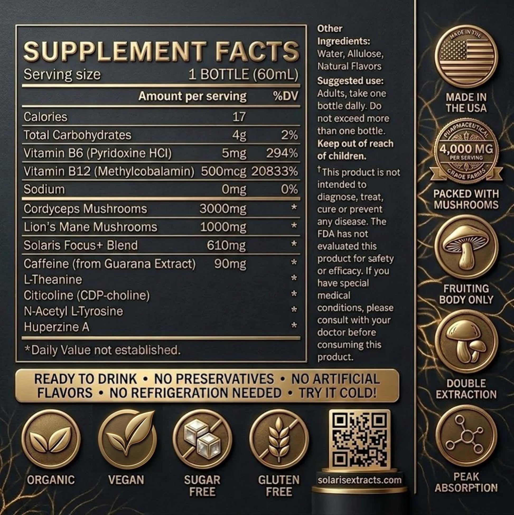 Solaris Mushroom Productivity Wellness Shots | Focus, Circulation, Memory | 4000mg of Cordyceps & Lion's Mane | Citicoline, L-Theanine, Vitamin B6/B12 | Coffee Alternative (6-Pack) Solaris Extracts buy supplements canada