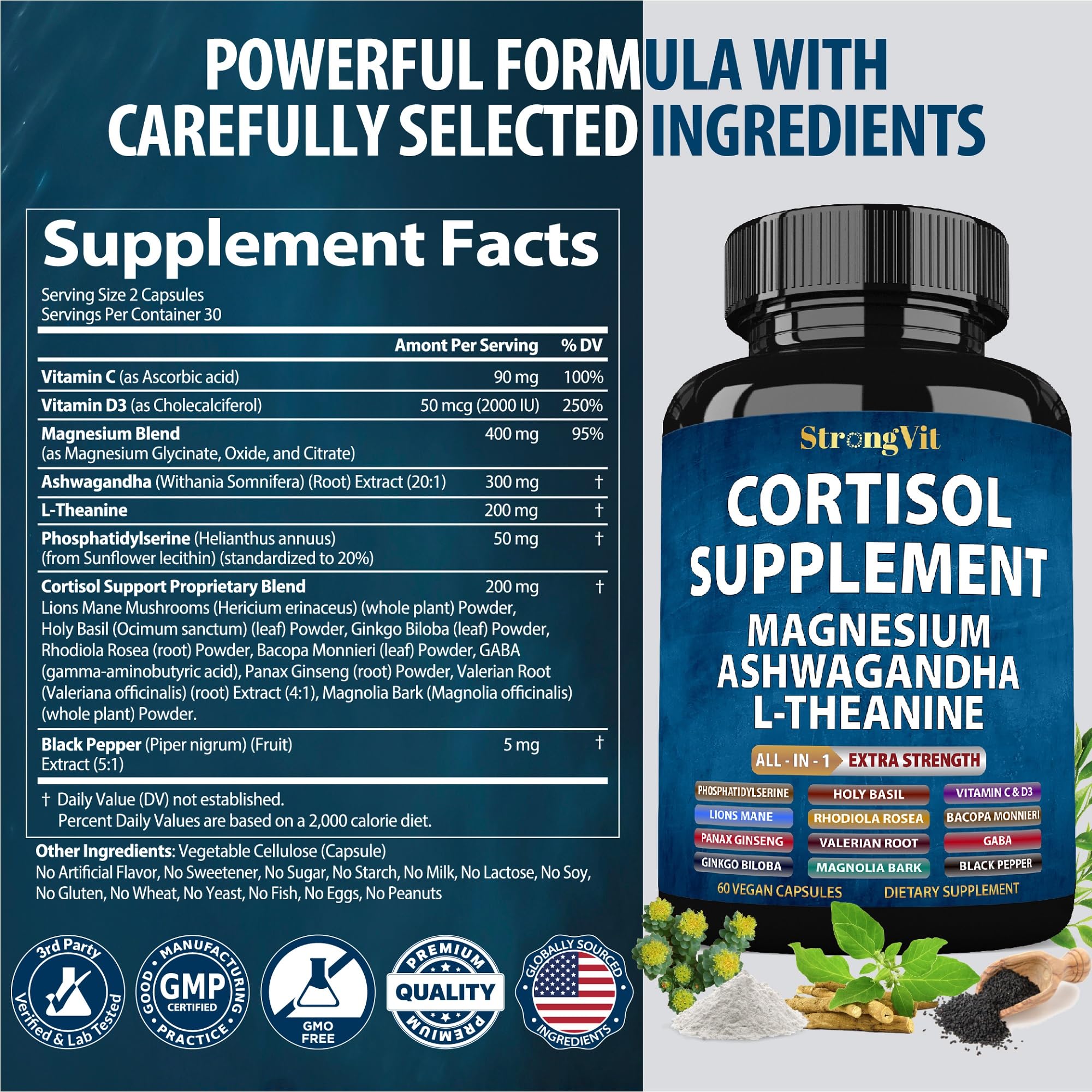 StrongVit Cortisol Supplements for Women and Men with Magnesium, Ashwagandha & L-Theanine. High Cortisol Reducer, Manager, Detox, Lower and Control. Sleep Support & Stress Relief, USA StrongVit buy supplements canada