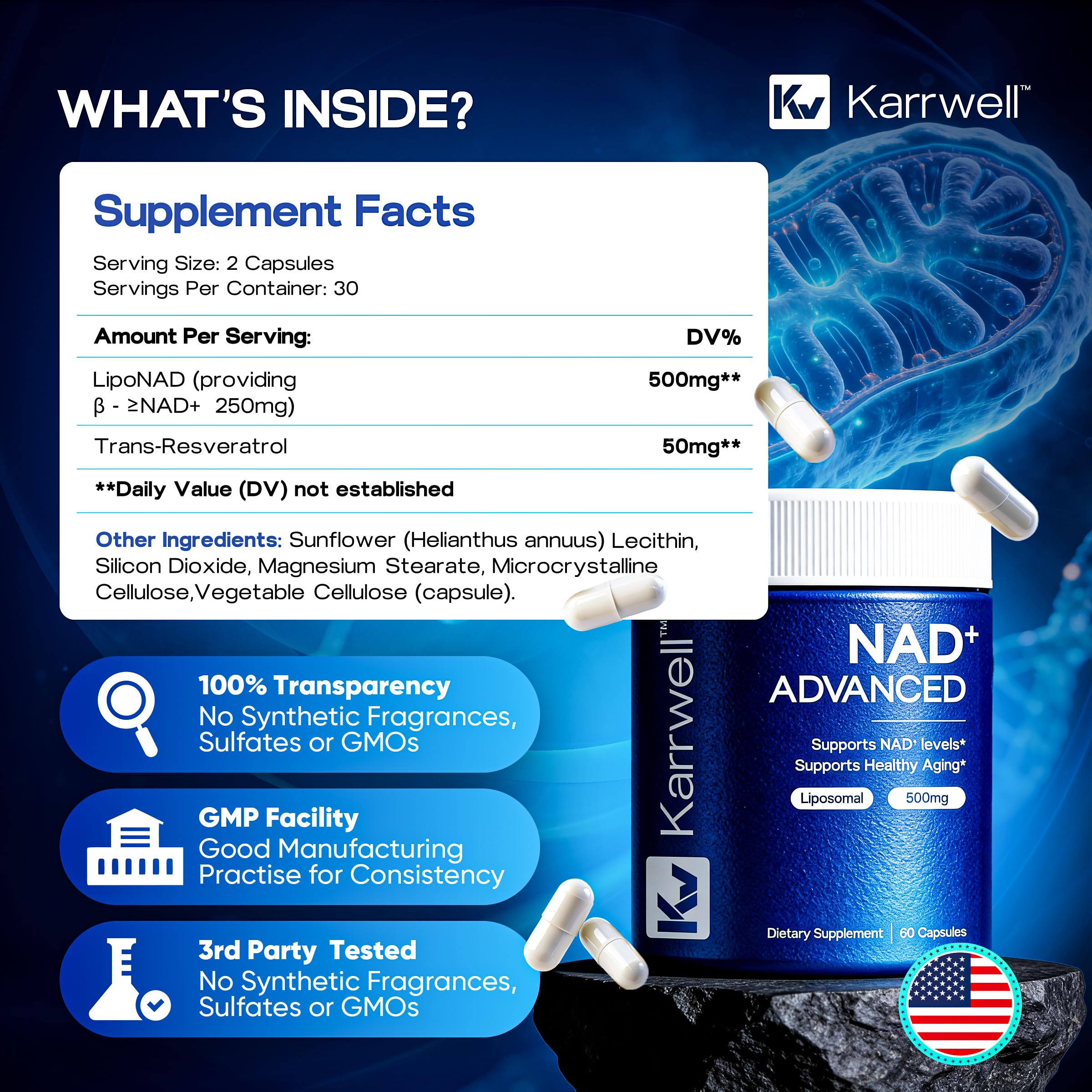 Karrwell NAD+ Advanced 500MG Liposomal NAD+ with Resveratrol - NAD Supplement for Men & Women - NMN Alternative for Cellular Energy & Healthy Aging - 60 Capsules, 30 Day Supply Karrwell buy supplements canada