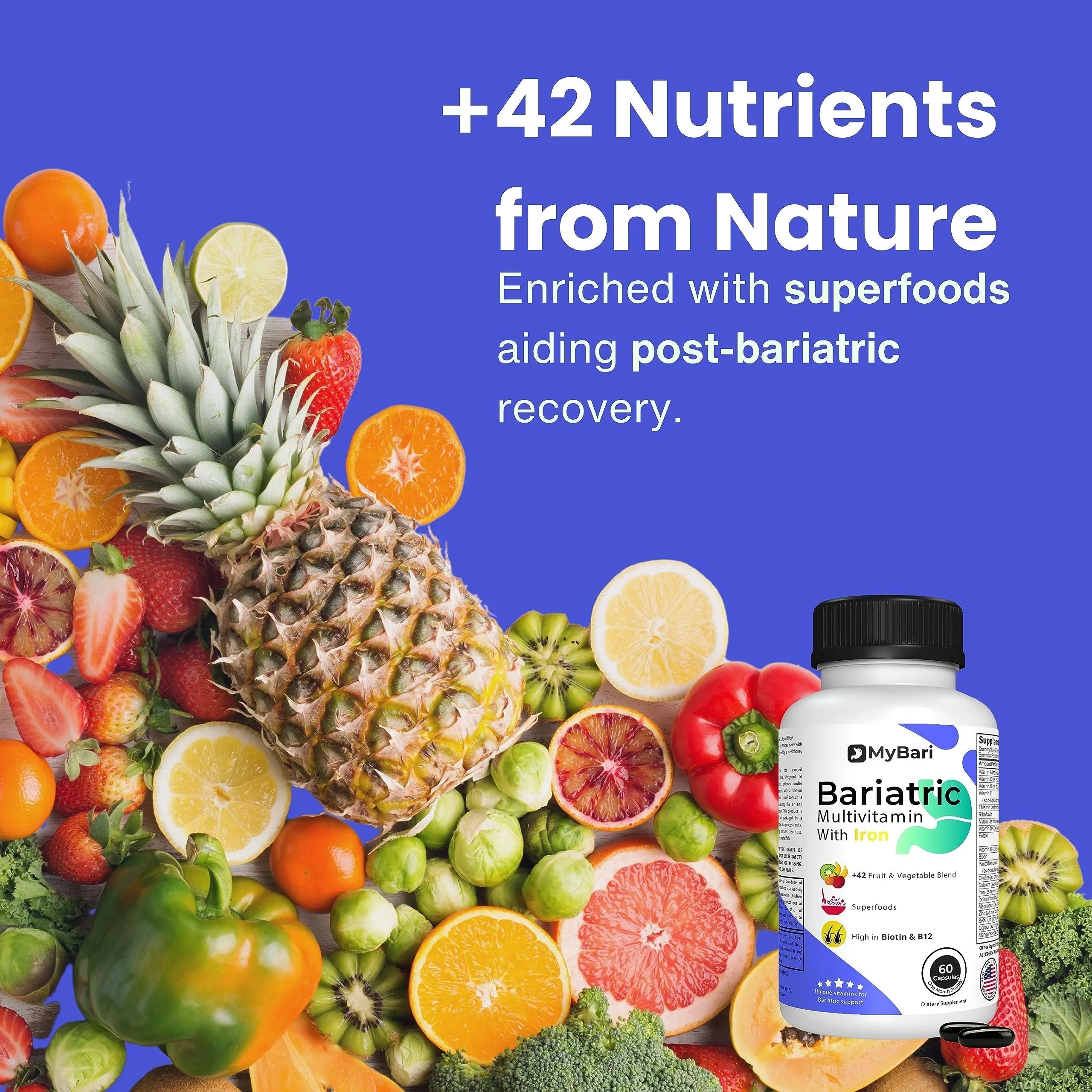 MyBari All-in-One Bariatric Multivitamin with Iron - Made in USA - for Men & Women - Supports Gastric Sleeve & Bypass with 42+ Fruit & Veggie Blend - 60 Liquid Capsules MyBari buy supplements canada