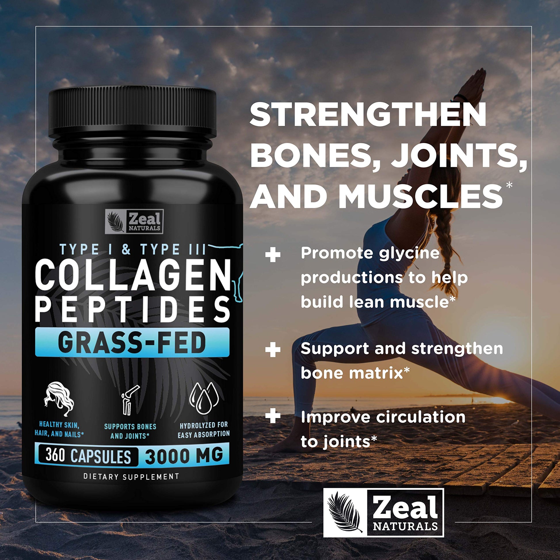Zeal Naturals Collagen Peptides Collagen Pills (360 Capsules) Grass Fed Collagen Pepetide Powder - Hydrolyzed Collagen Powder for JointTendon SupplementHair Skin and Nails - Zeal Naturals buy supplements canada