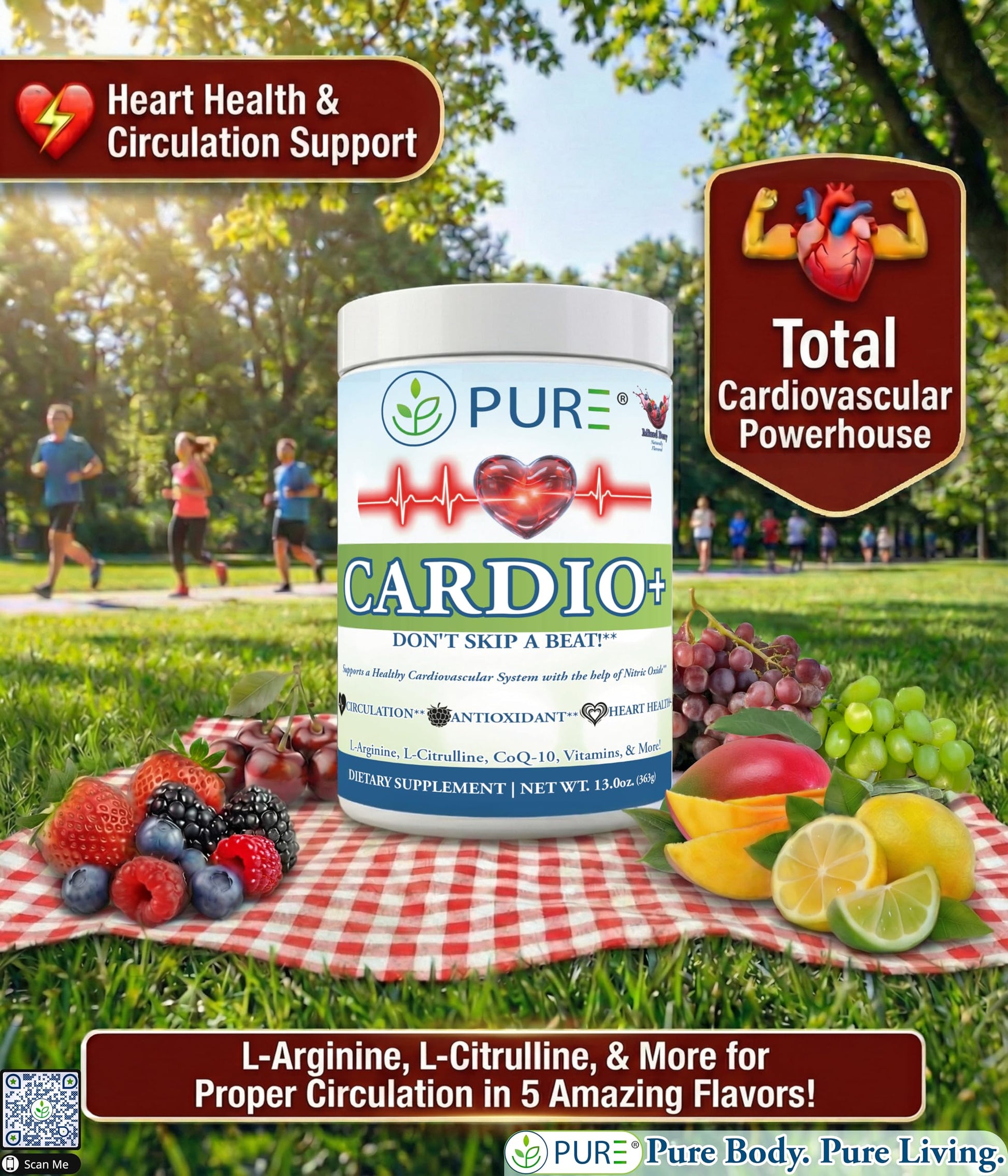 PURE® Cardio+ Nitric Oxide Heart & Circulation Support - 5000mg L-Arginine & 1000mg L-Citrulline - Lemon Lime, 30 Servings Powder, 375 Grams - CoQ10 Beet Root - High Potency Cardiovascular Formula PURE buy supplements canada