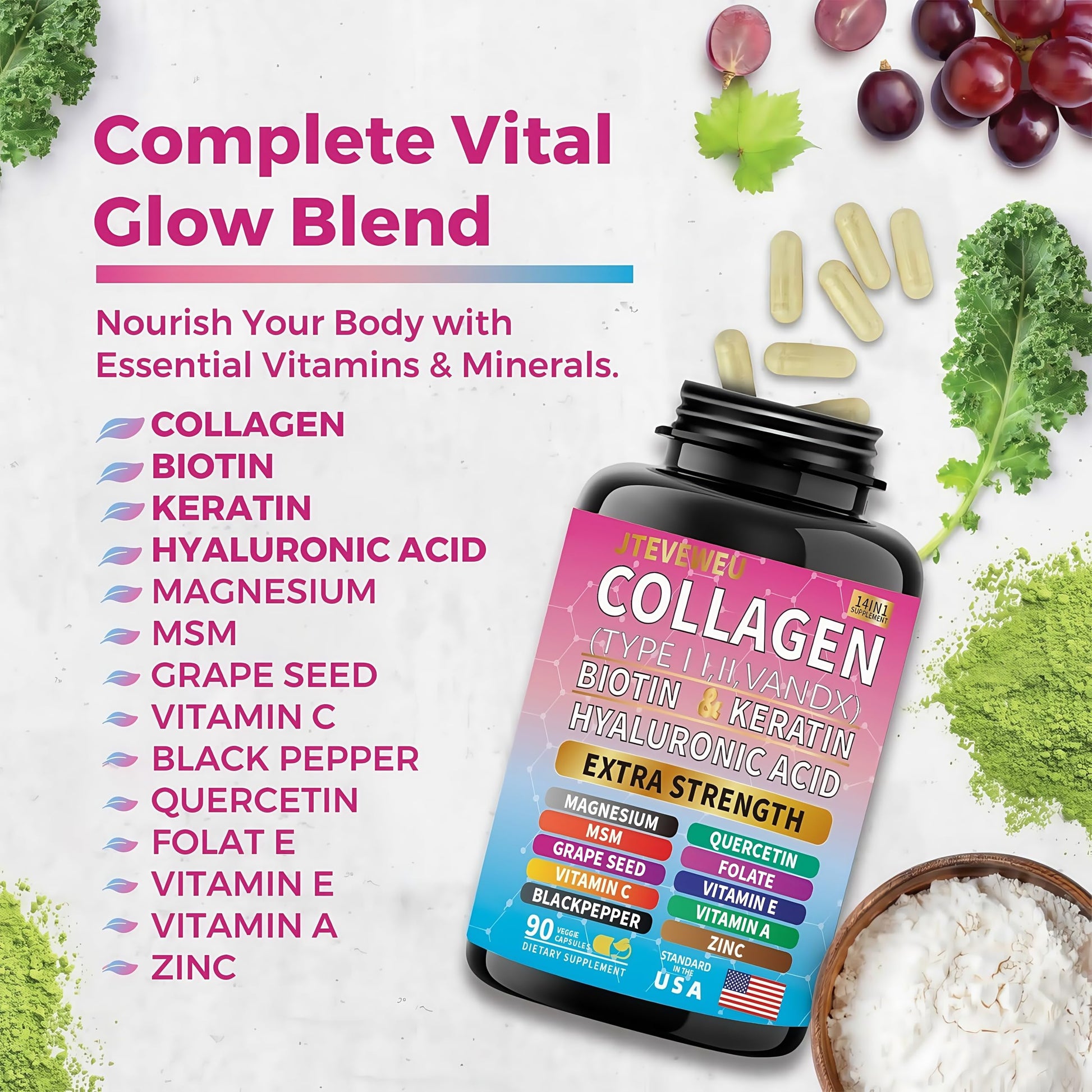 JTEVEweu Collagen Supplement - Type I, II, III, V and X - with Biotin, Keratin, Hyaluronic Acid & 13+ Extra Strength Ingredients - （90 Capsules） JTEVEweu buy supplements canada