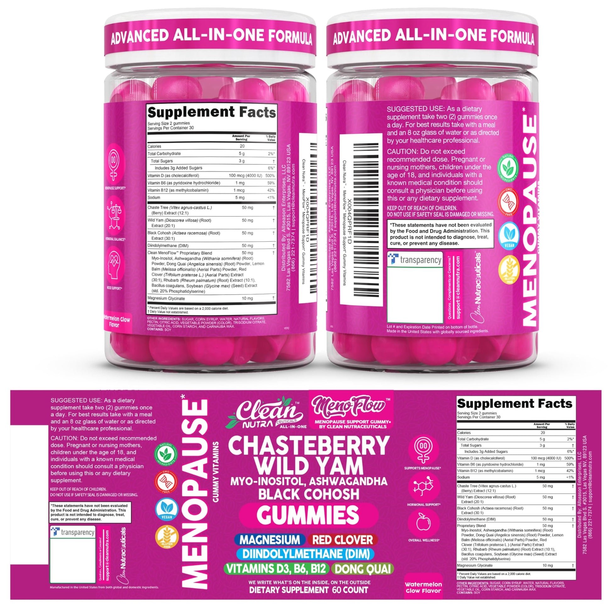 Clean Nutra Menopause Supplements for Women Chastberry Wild Yam Gummies Inositol Black Cohosh Magnesium Red Clover DIM Supplement B6 Magnesium Glycinate Glycine Vitex Hormone Balance Gummy Vitamins Clean Nutraceuticals buy supplements canada