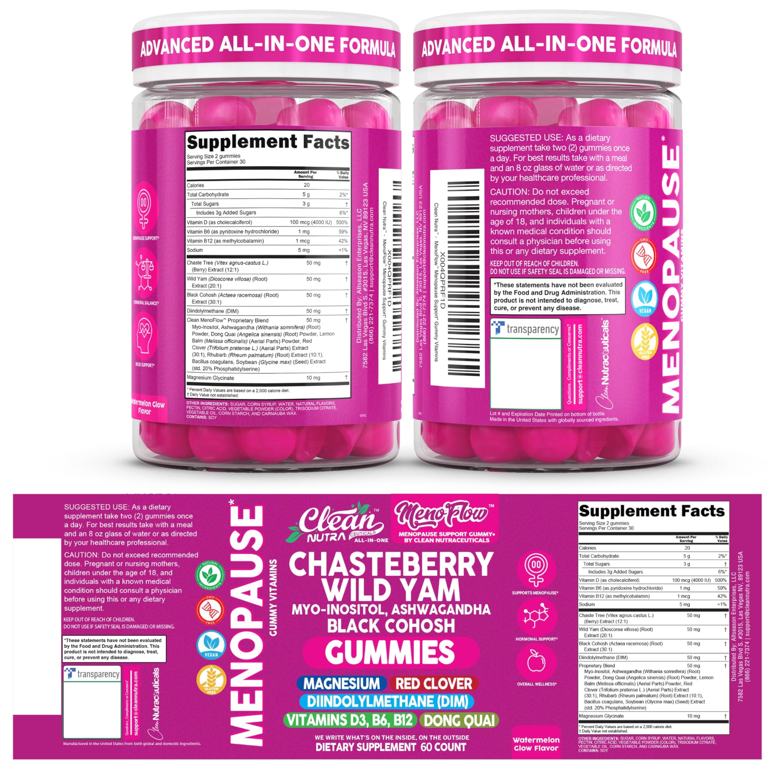 Clean Nutra Menopause Supplements for Women Chastberry Wild Yam Gummies Inositol Black Cohosh Magnesium Red Clover DIM Supplement B6 Magnesium Glycinate Glycine Vitex Hormone Balance Gummy Vitamins Clean Nutraceuticals buy supplements canada