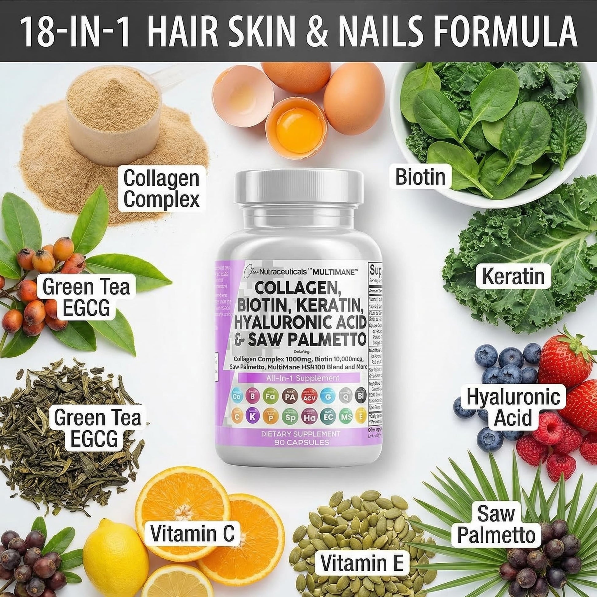 Clean Nutraceuticals Collagen Pills 1000mg Biotin 10000mcg Keratin Saw Palmetto Hyaluronic Acid - Hair Skin & Nails Vitamins & DHT Blocker with Vitamin E Folic Acid Clean Nutraceuticals buy supplements canada