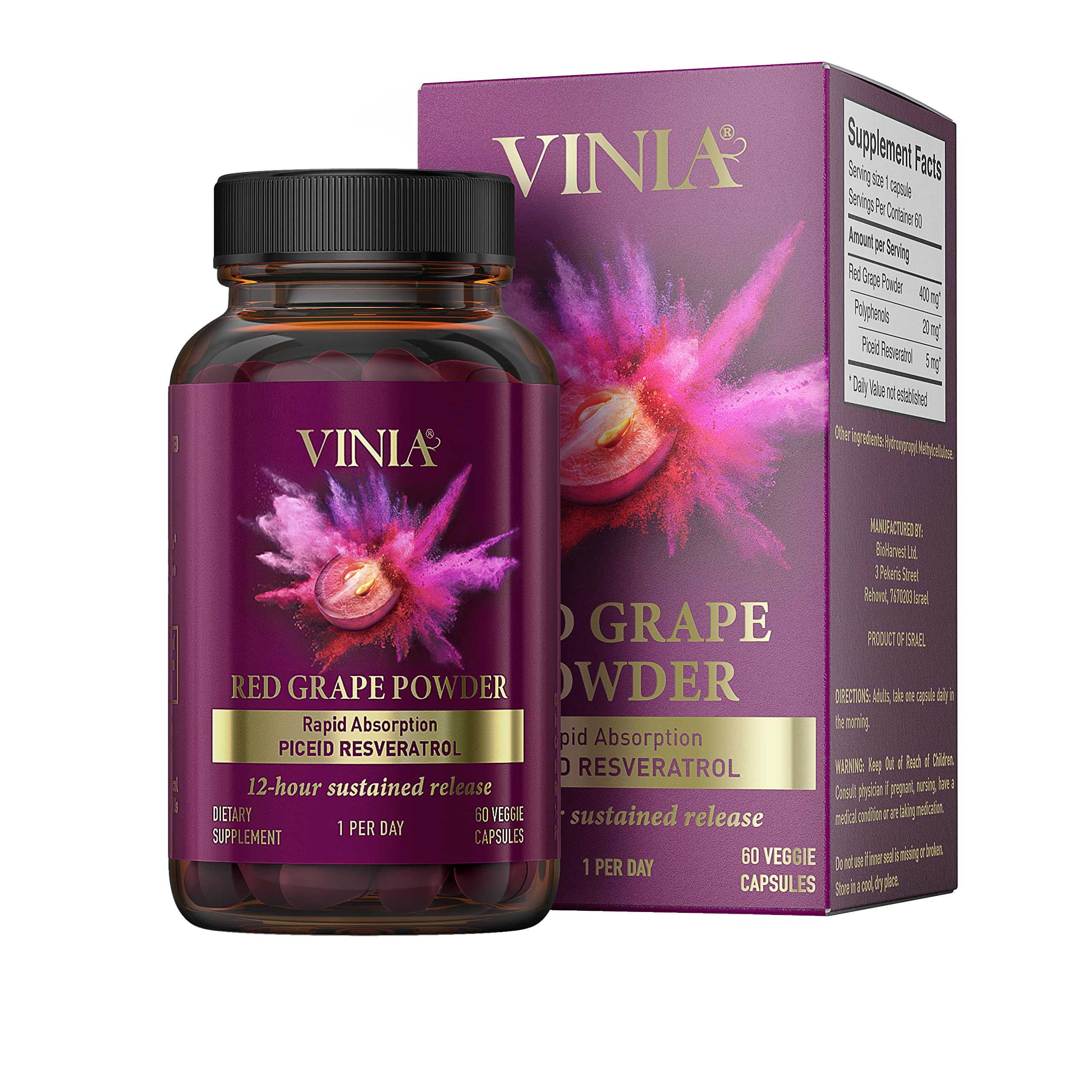 VINIA 12-Hour Sustained Release Piceid Resveratrol Supplement. Nitric Oxide Supplement VINIA buy supplements canada