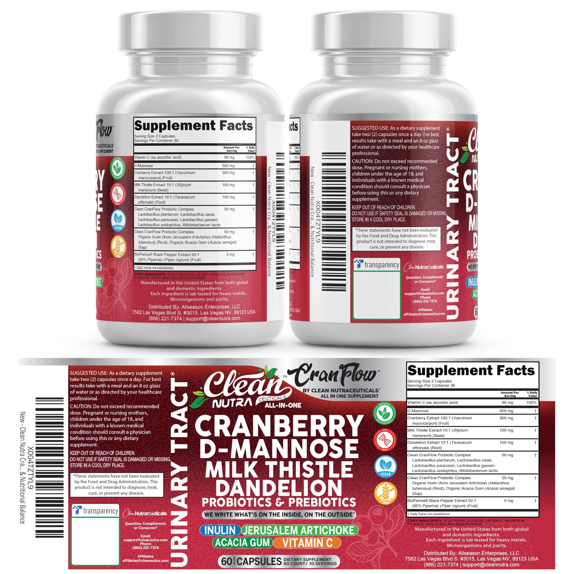 Cran Flow Cranberry Pills for Urinary Health D-Mannose Milk Thistle Dandelion Inulin Vitamin C Prebiotics and Probiotics Bladder Support By Clean Nutra Clean Nutraceuticals buy supplements canada