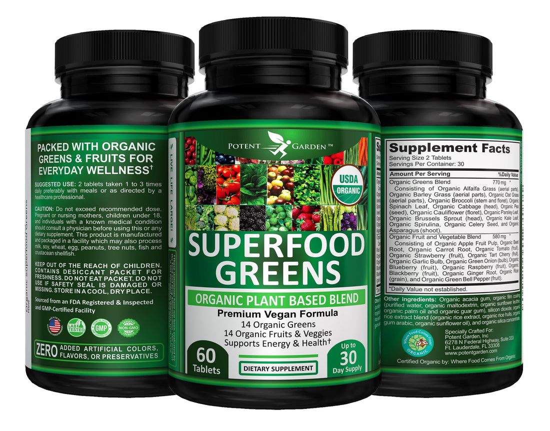 Potent Garden Organic Superfood Greens, Fruit and Veggies Supplement Rich in Vitamins & Antioxidants with Alfalfa, Beet Root & Tart Cherry to Boost Energy, Immunity & Gut Health, Greens Tablets 60 Ct Potent Garden buy supplements canada