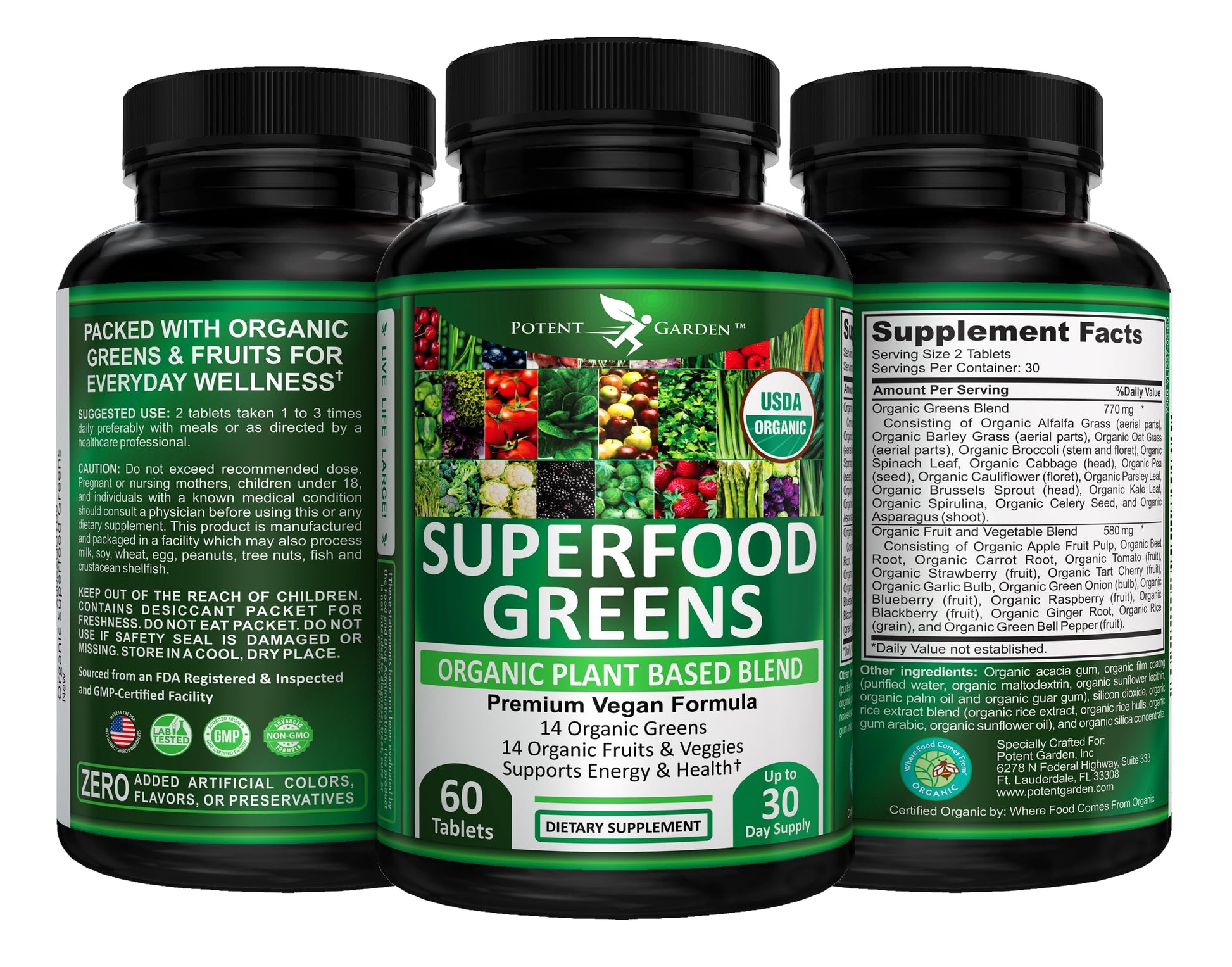 Potent Garden Organic Superfood Greens, Fruit and Veggies Supplement Rich in Vitamins & Antioxidants with Alfalfa, Beet Root & Tart Cherry to Boost Energy, Immunity & Gut Health, Greens Tablets 60 Ct Potent Garden buy supplements canada
