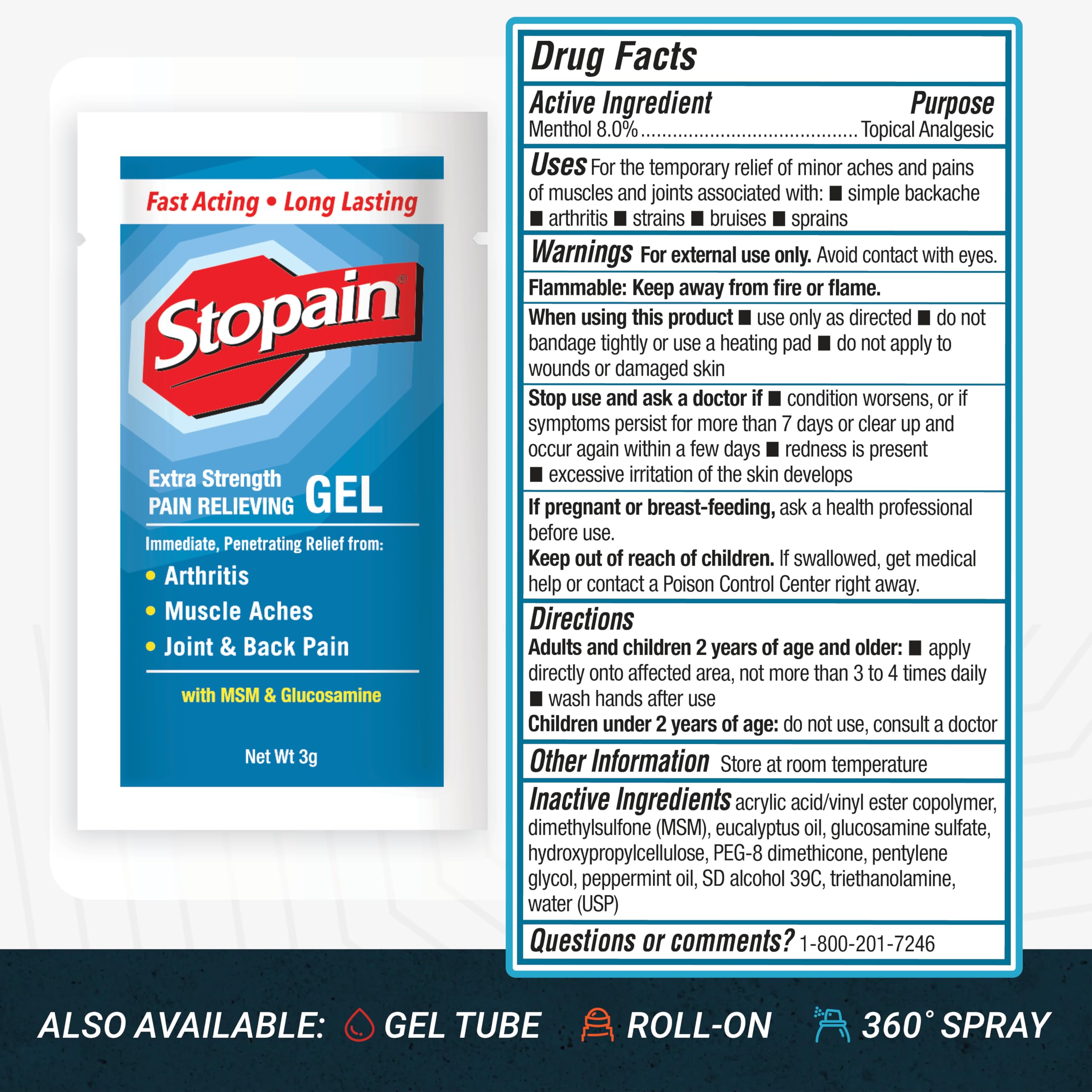 Stopain Pain Relief 3g Gel Packets, 100ct, 8% Menthol, Topical Pain Relief, Knee Pain Relief, Back Pain Relief, and Arthritis Pain Relief, Perfect for Workplace First Aid Cabinets, Made in USA Stopain buy supplements canada