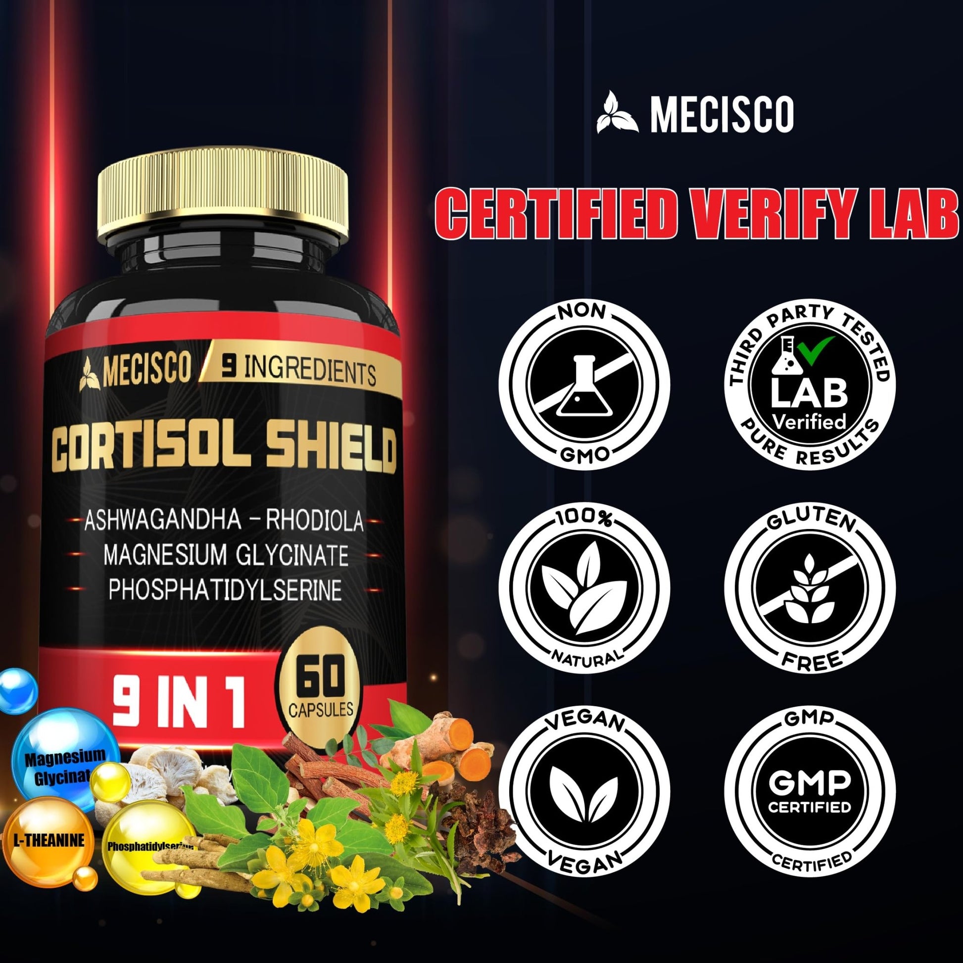 9in1 Cortisol Shield - Ashwagandha & Magnesium Glycinate, Rhodiola, Phosphatidylserine, L-Theanine, Licorice Root, St. John's Wort, Lions Mane - Mind & Mood, Restful Night Support - 60 Capsules - OzHealthStandard