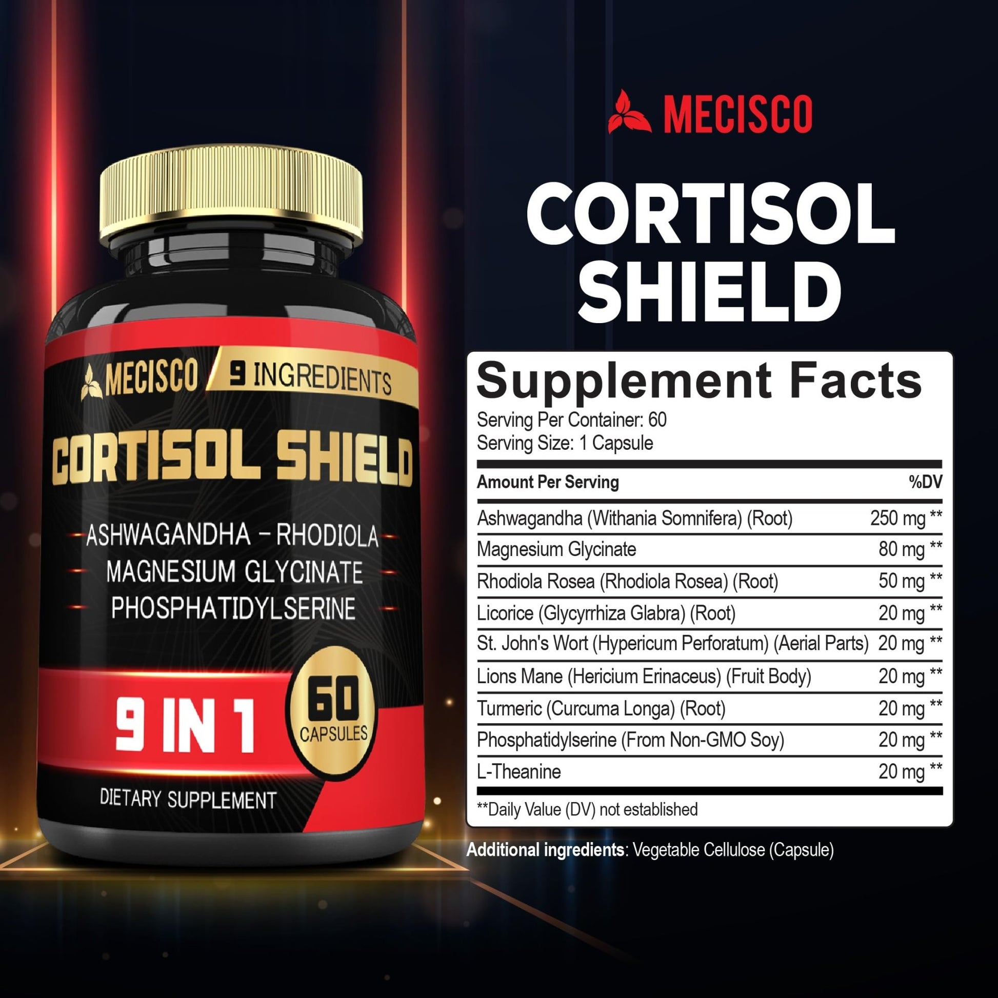 9in1 Cortisol Shield - Ashwagandha & Magnesium Glycinate, Rhodiola, Phosphatidylserine, L-Theanine, Licorice Root, St. John's Wort, Lions Mane - Mind & Mood, Restful Night Support - 60 Capsules - OzHealthStandard