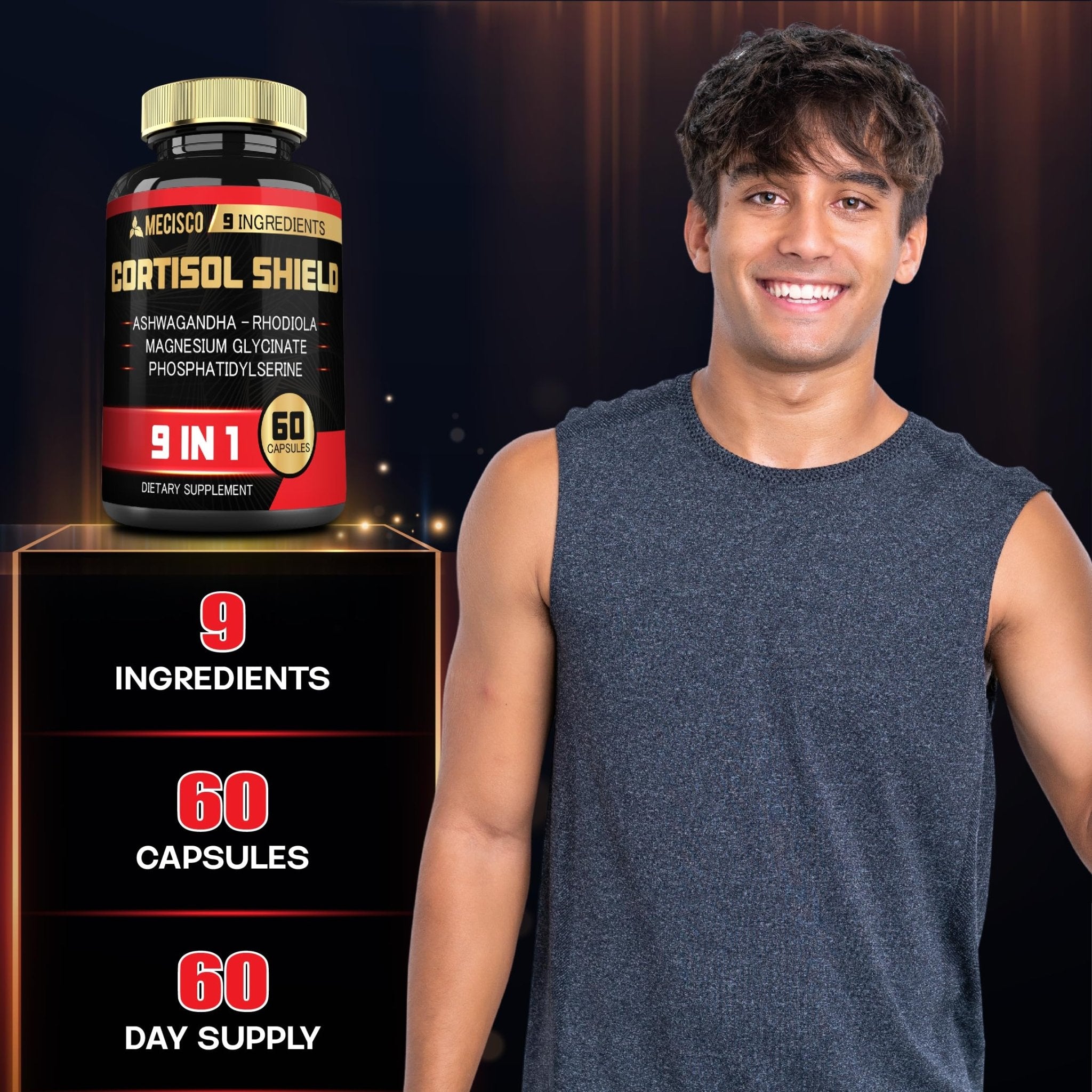 9in1 Cortisol Shield - Ashwagandha & Magnesium Glycinate, Rhodiola, Phosphatidylserine, L-Theanine, Licorice Root, St. John's Wort, Lions Mane - Mind & Mood, Restful Night Support - 60 Capsules - OzHealthStandard