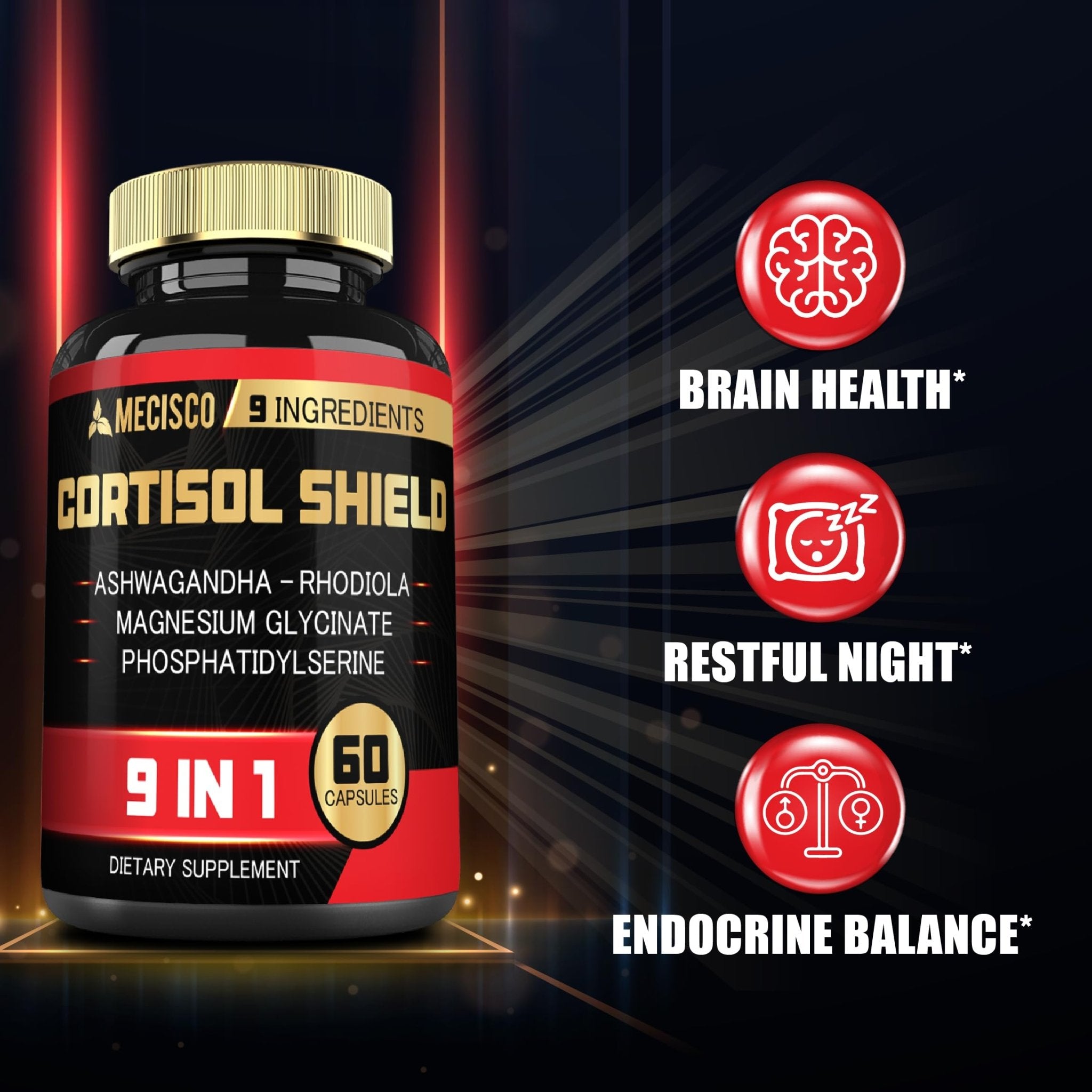 9in1 Cortisol Shield - Ashwagandha & Magnesium Glycinate, Rhodiola, Phosphatidylserine, L-Theanine, Licorice Root, St. John's Wort, Lions Mane - Mind & Mood, Restful Night Support - 60 Capsules - OzHealthStandard