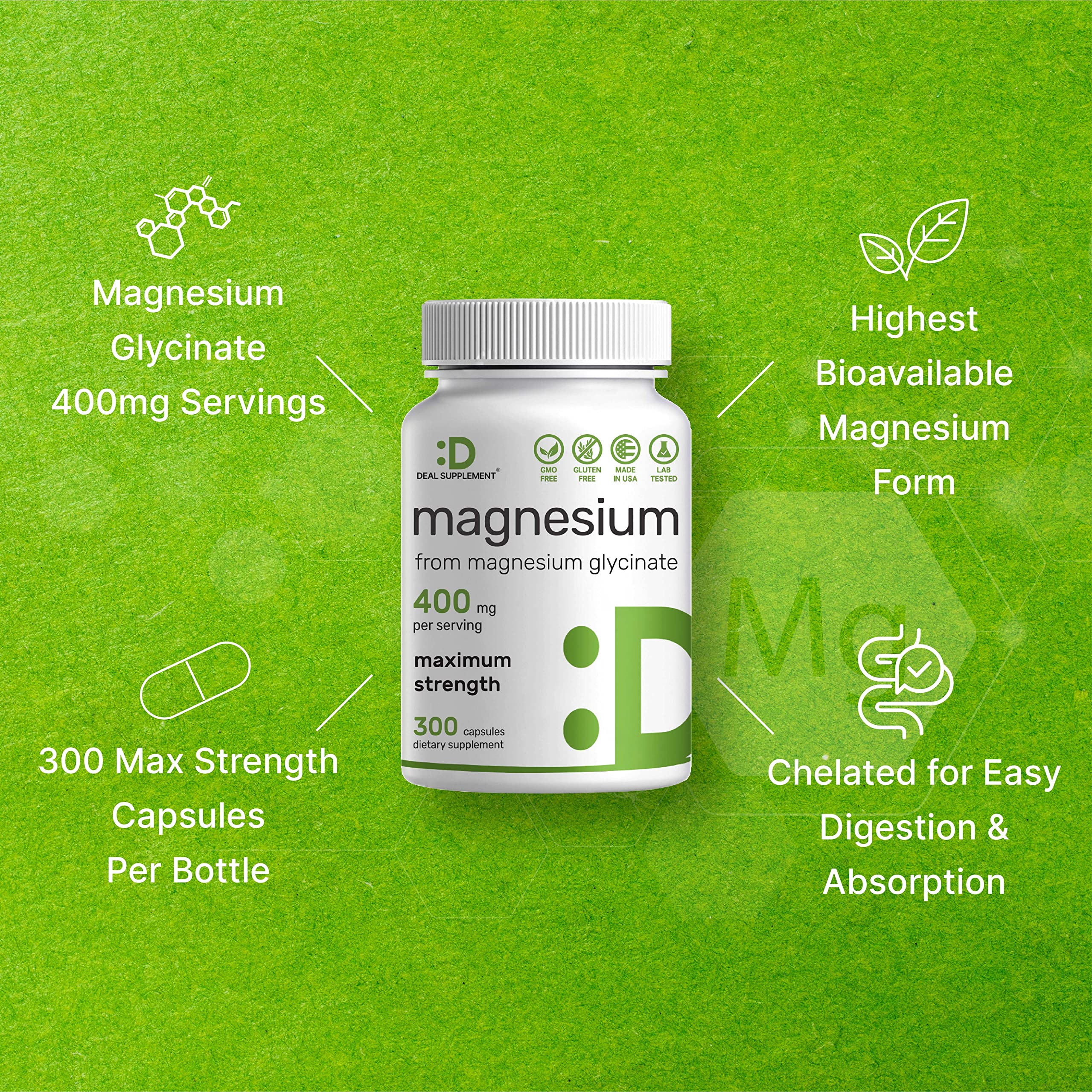 Magnesium Glycinate 400mg, 300 Capsules | 100% Chelated for Easy Absorption | Essential Mineral Supplement for Muscle, Sleep, & Heart Health*